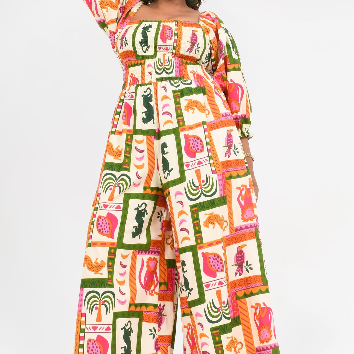 Front view animal-print jumpsuit with wide sleeves and full-length legs