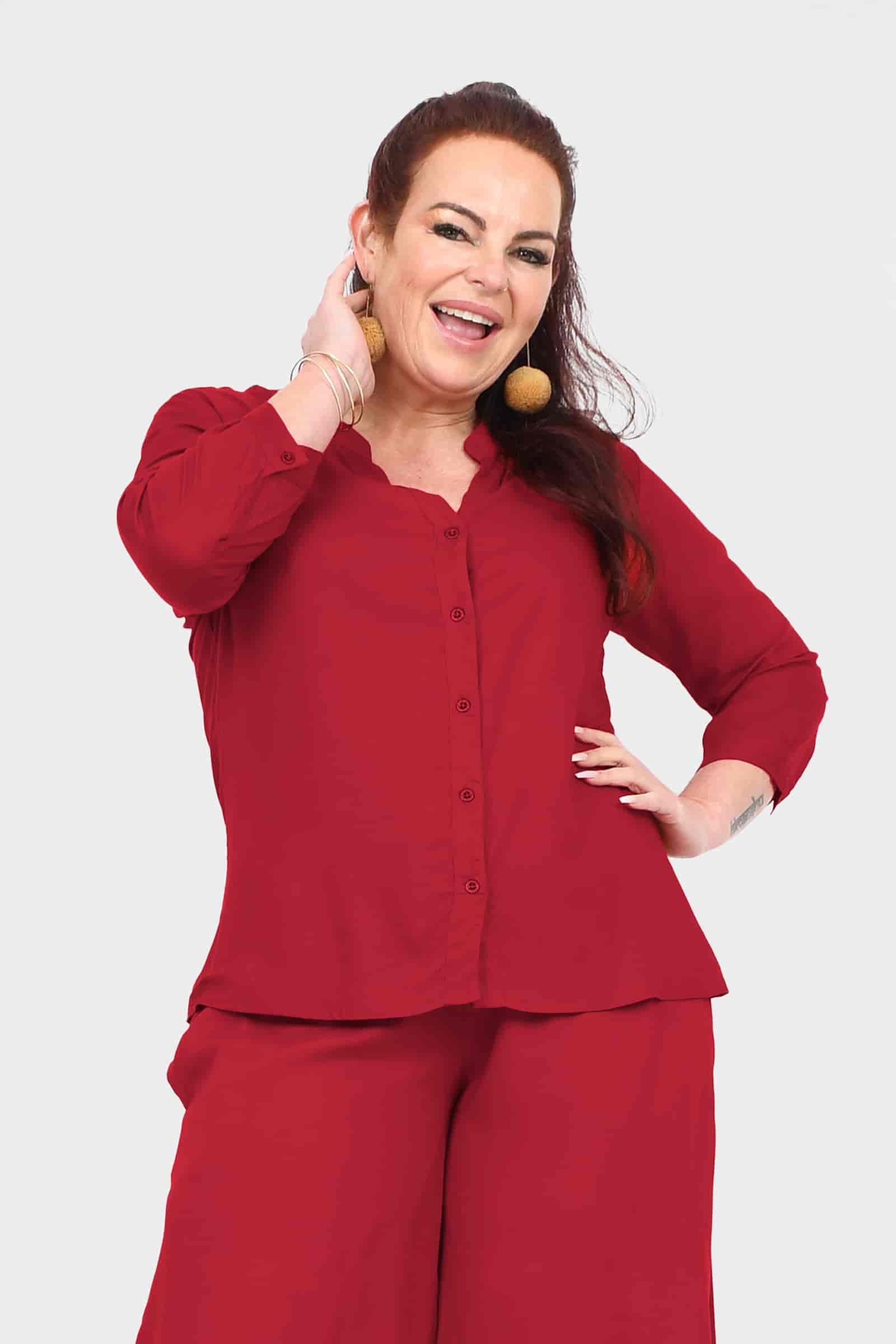Dark red button-front blouse with three-quarter sleeves, relaxed fit