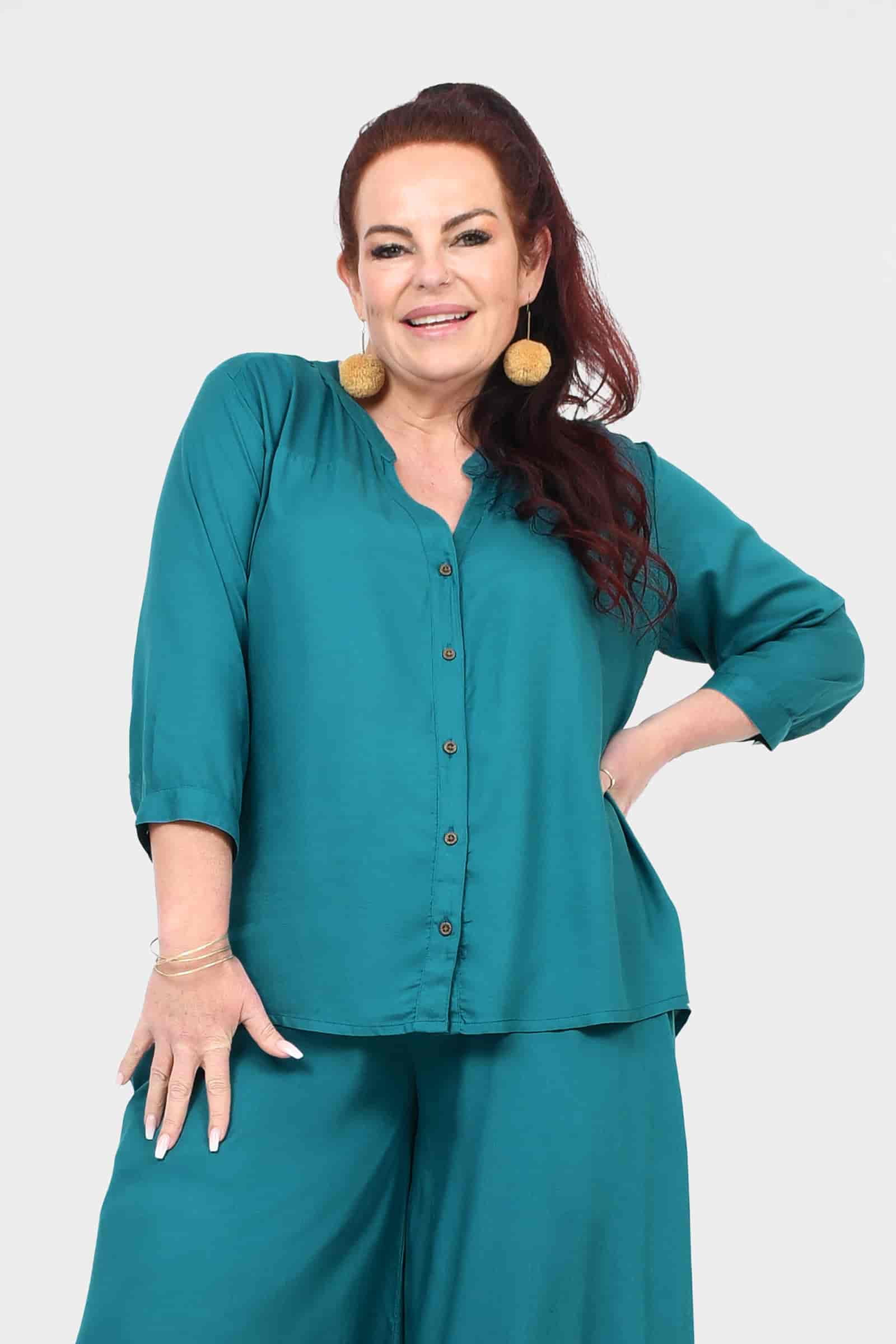 Teal button-front blouse top with three-quarter sleeves and curved hem