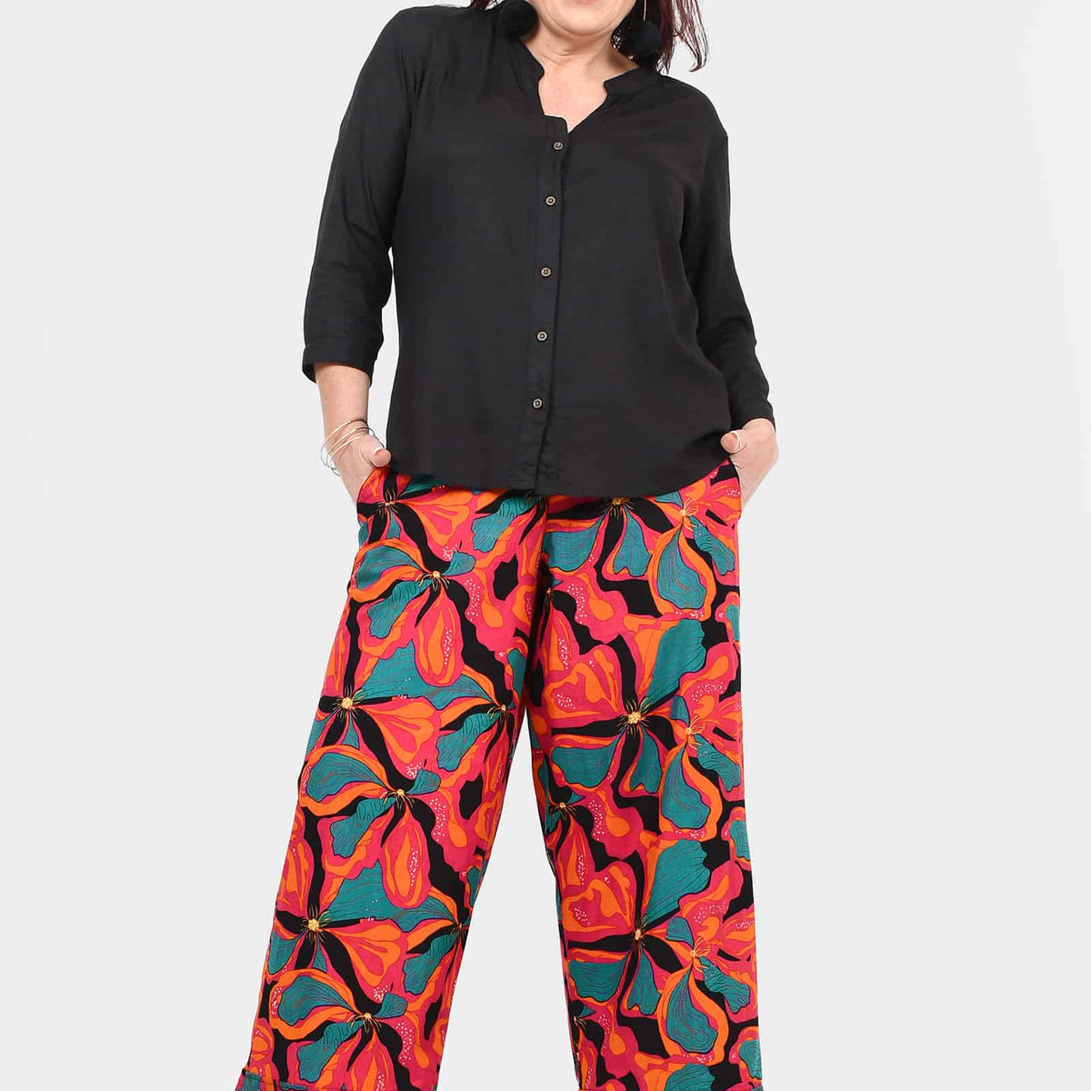 Tully wide-leg pants with abstract poppy print, red and teal