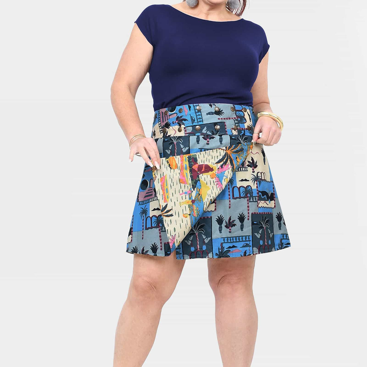 Reversible blue printed short skirt with folded underside panel