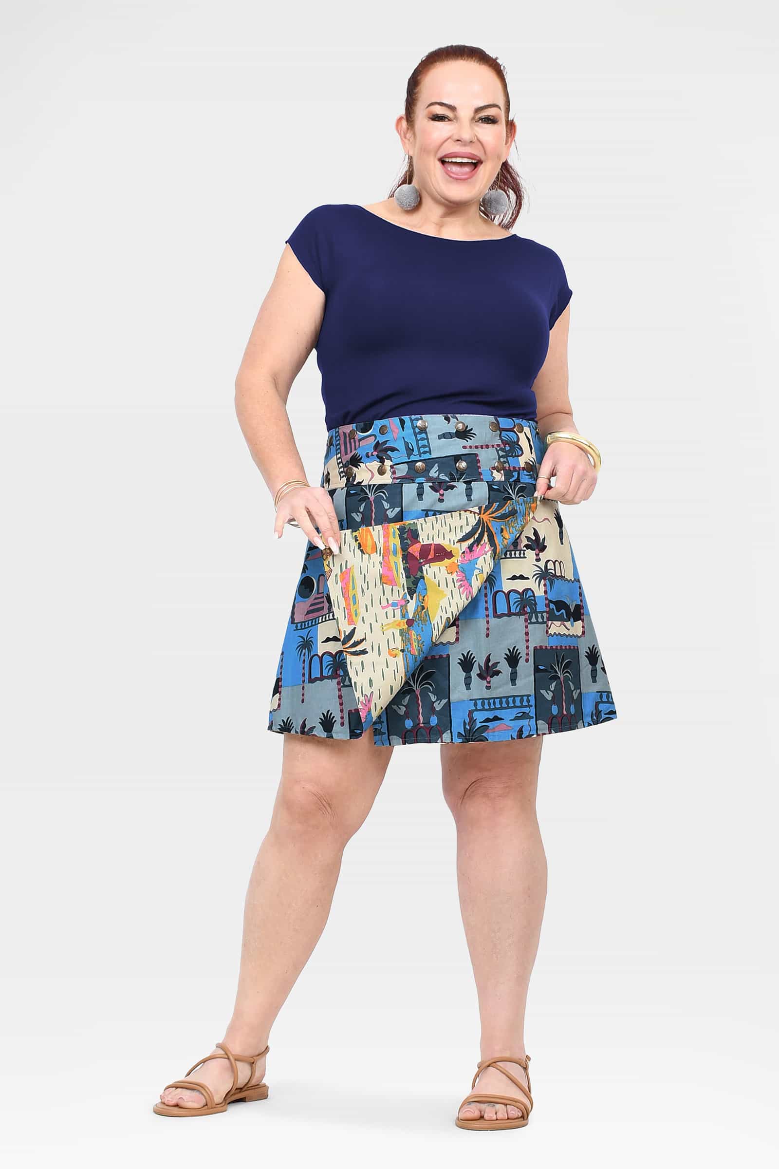 Reversible blue printed short skirt with folded underside panel