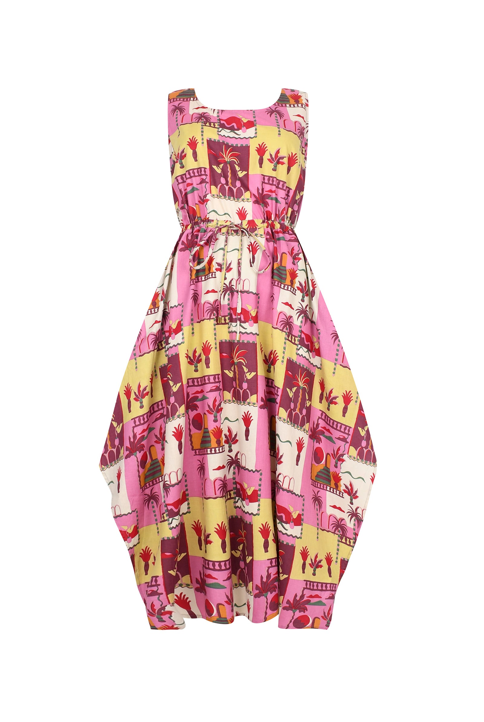 CDSS sleeveless print dress with pink and yellow city graphic and gathered waist