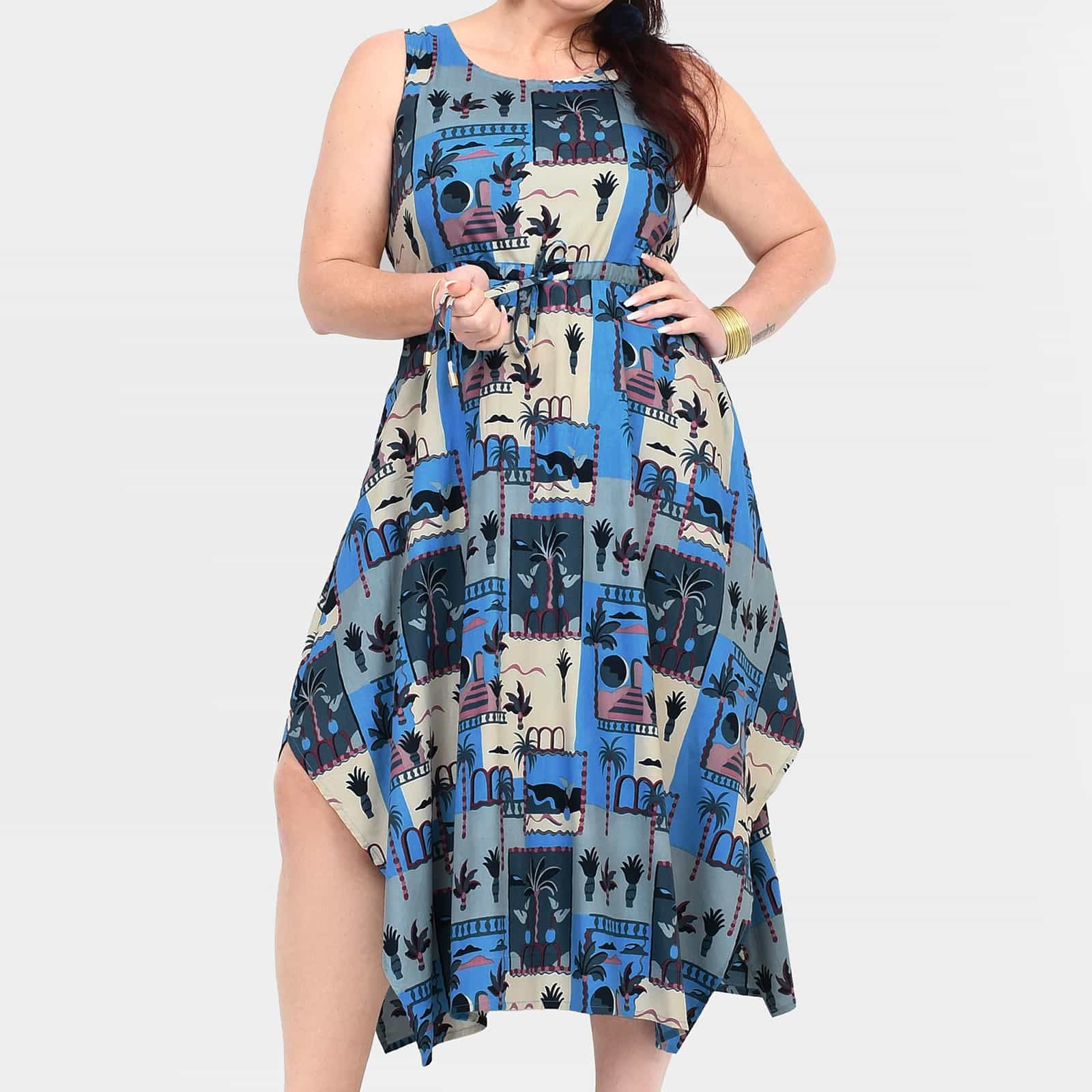 Capri dress sleeveless round neck, blue-and-cream cartoon patchwork print, draped hem