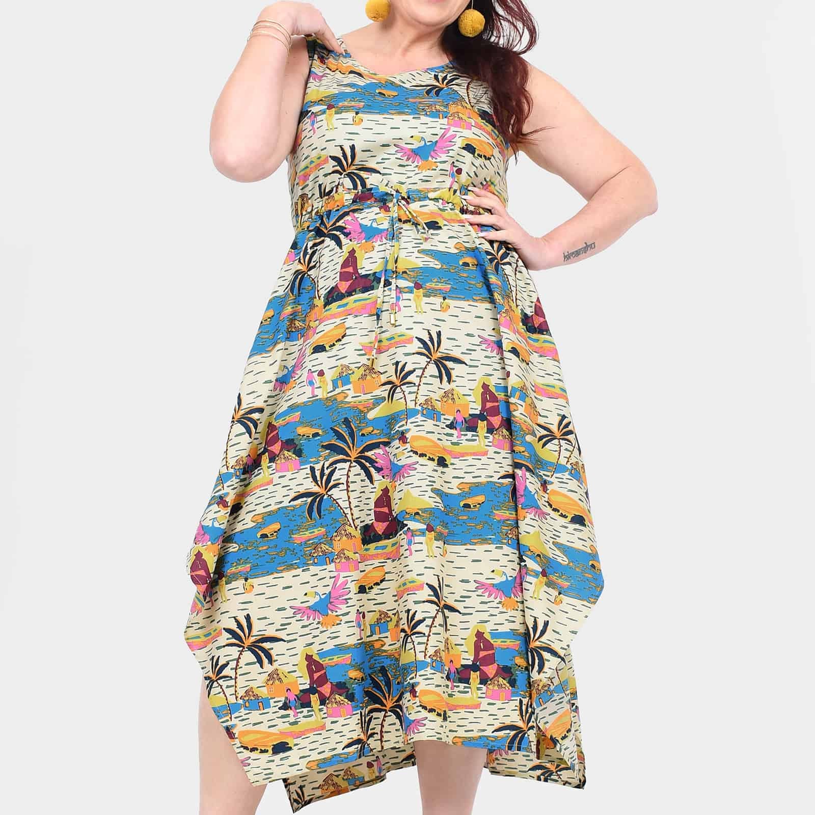 Sleeveless capri dress with multicolor city and palm print, tiered asym hem