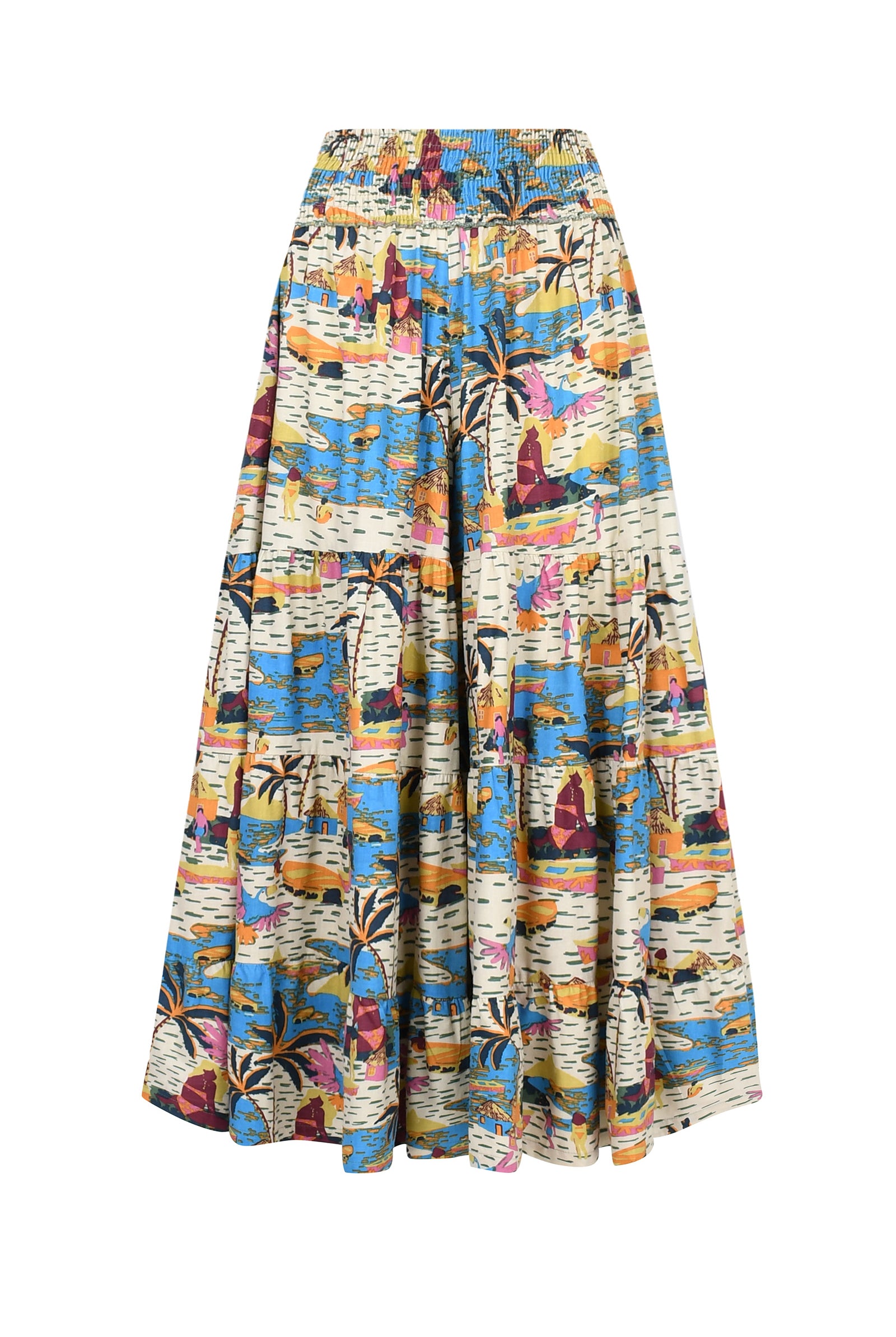 Havana pants with light white base and colorful tropical city print, elastic waistband