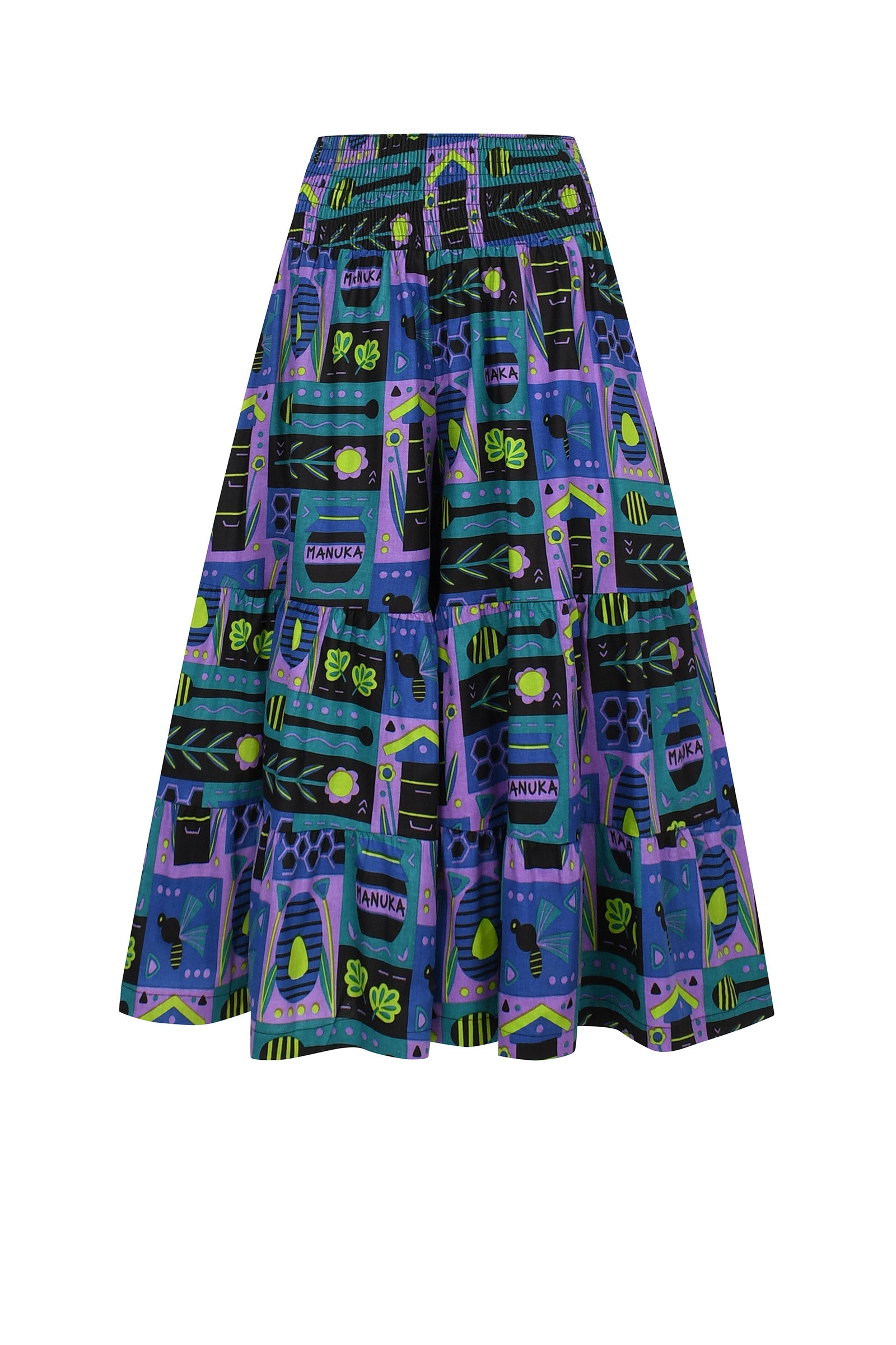 Teal 3/4 pants with colorful graphic print, wide leg, elastic waistband