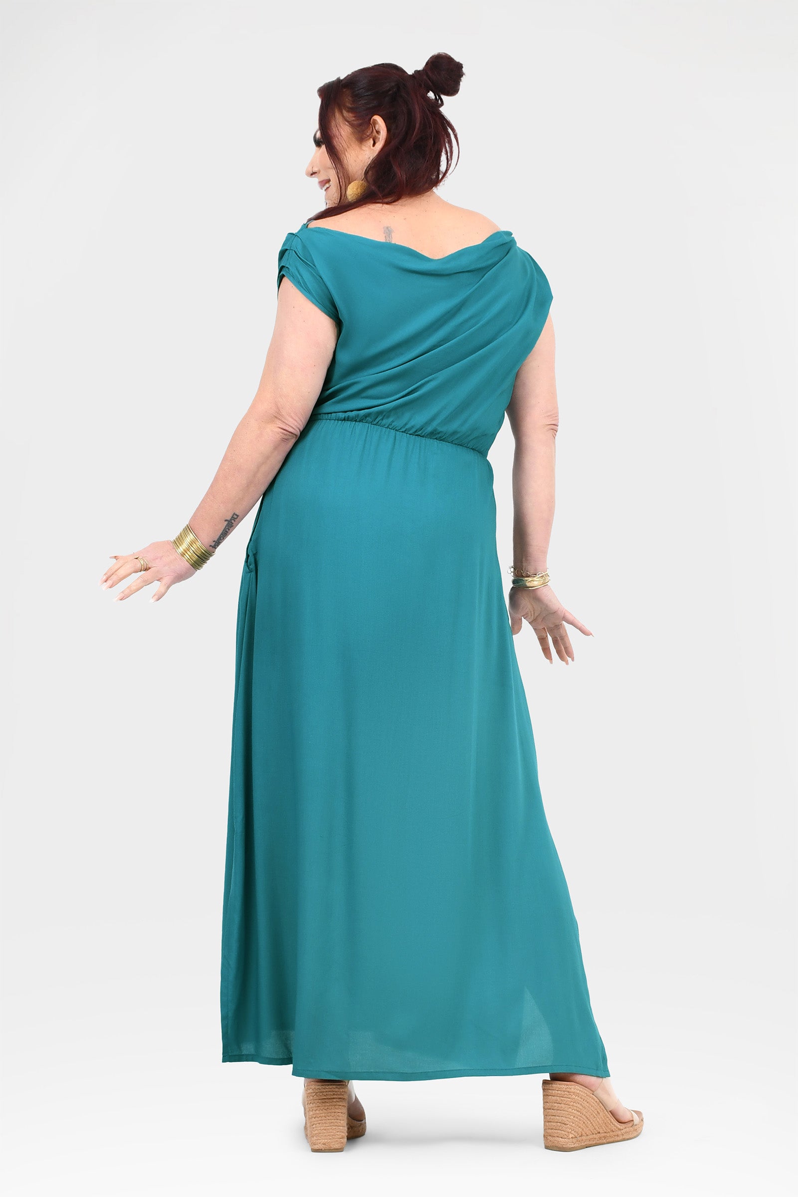 Teal back-view maxi dress with cap sleeves and gathered waist seam