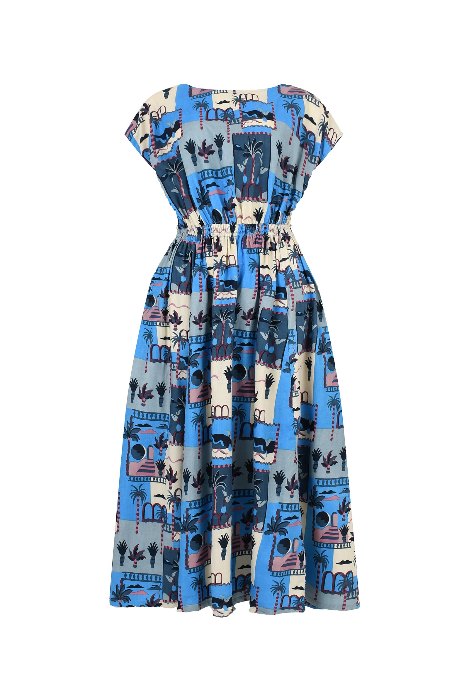Blue printed midi dress with short sleeves and cinched waist