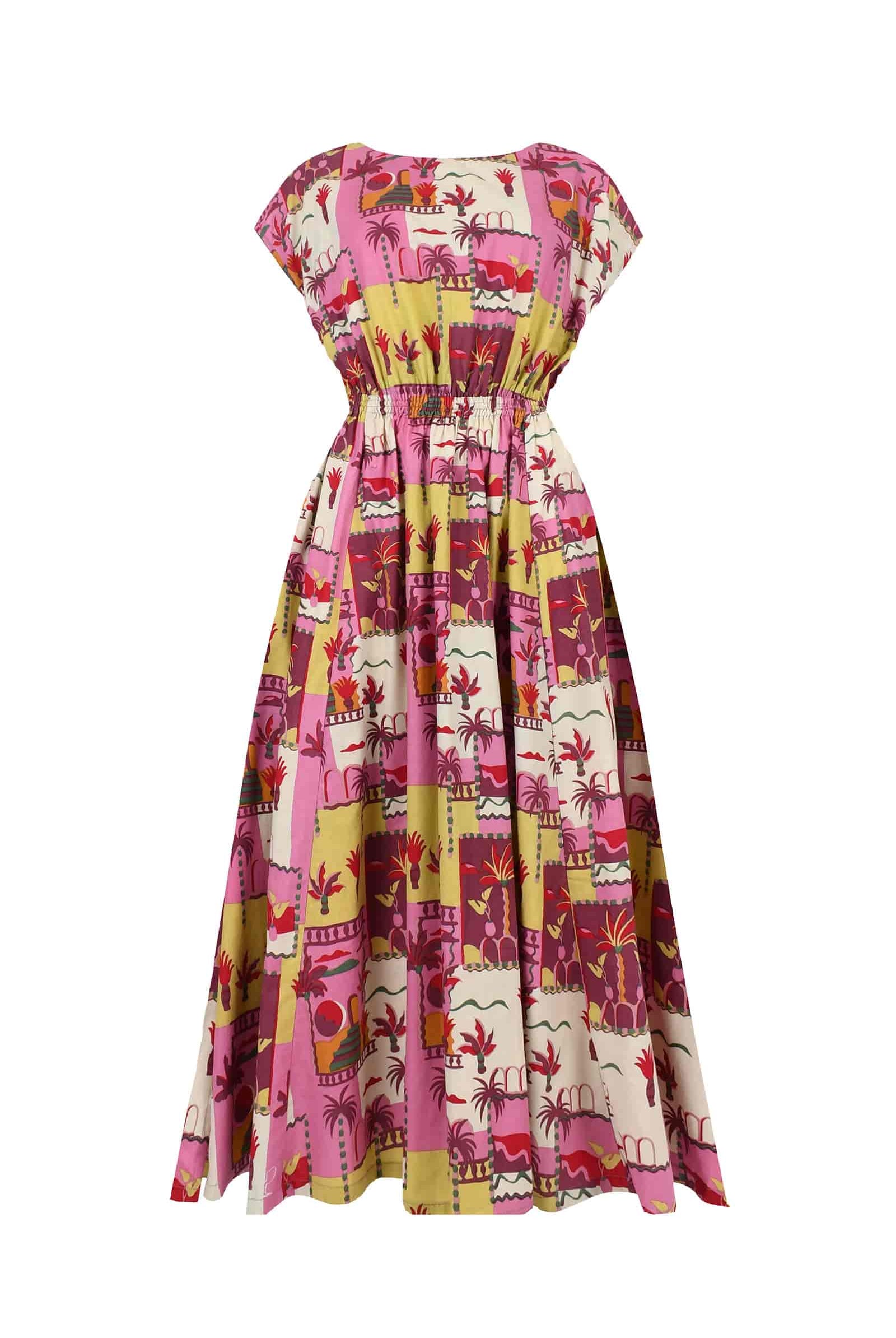 Pink long dress with colorful tropical print, gathered waist, short sleeves