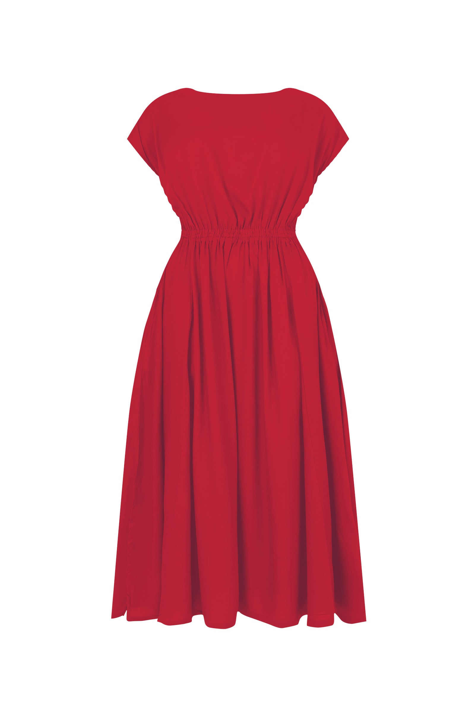 Dark red long dress flat lay: short sleeves, gathered waist, flowing pleated skirt