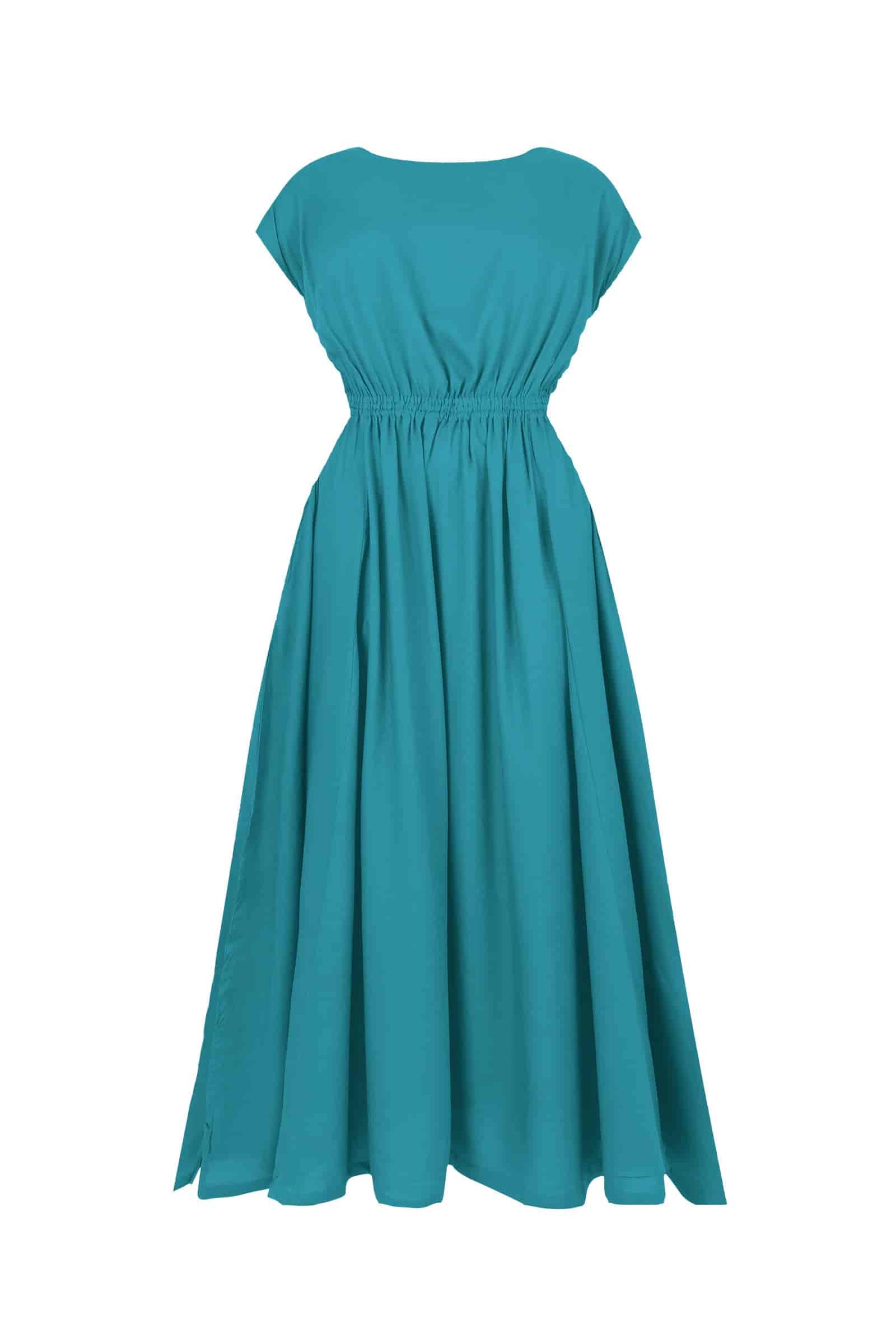 Teal long dress with gathered waist and short sleeves