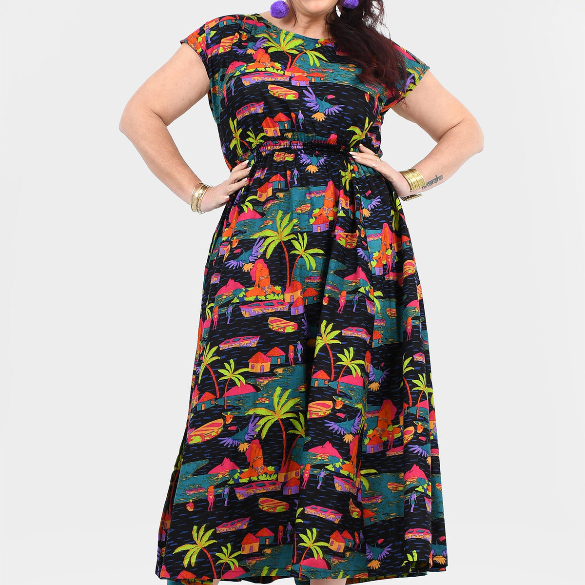 Multicolor tropical print long dress with gathered waist and short sleeves