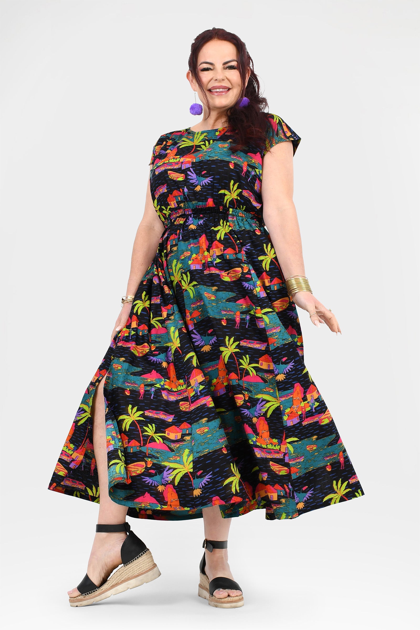 Multicolor tropical print long dress with button-front bodice and flared skirt