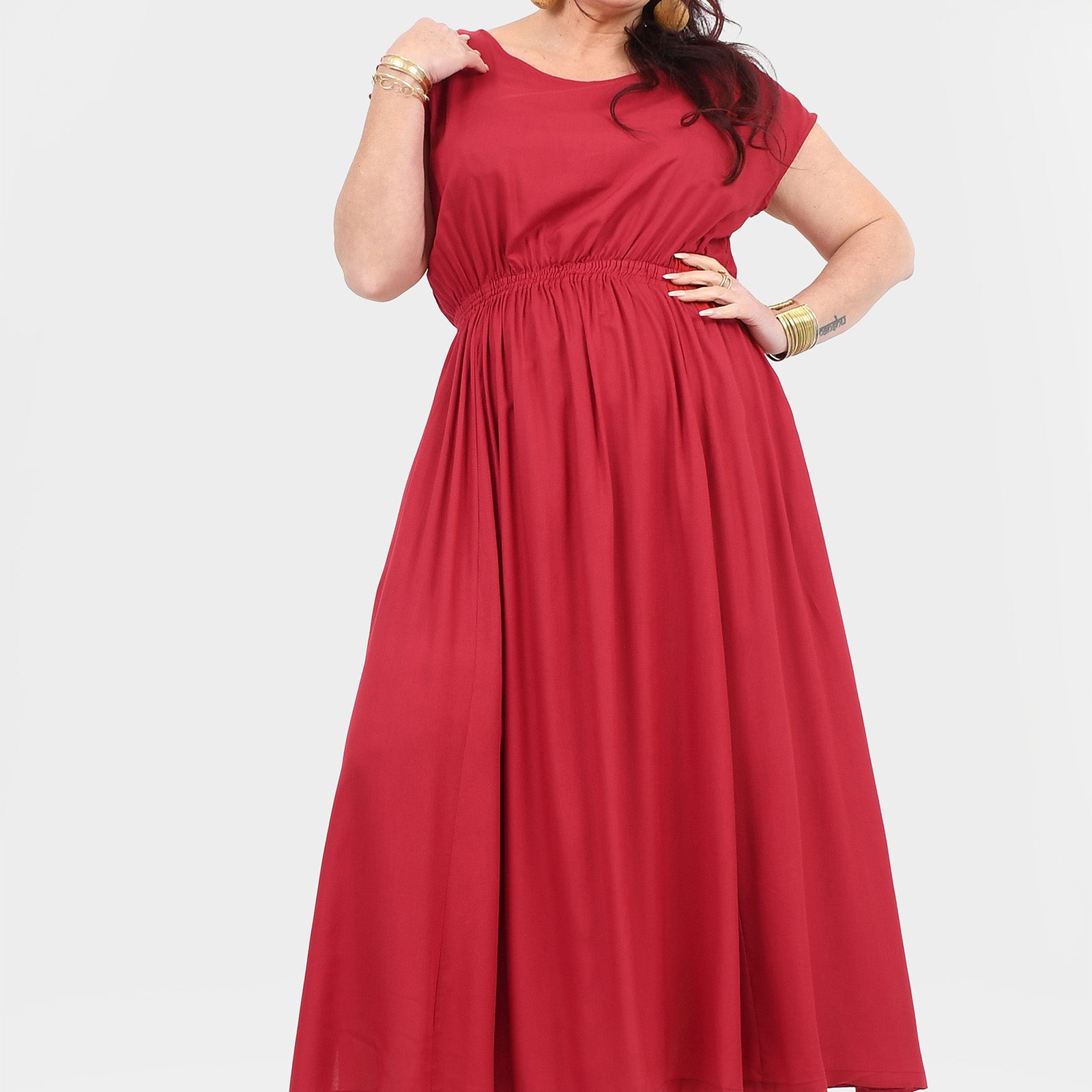 Dark red long dress with short sleeves and gathered waist, full circle skirt