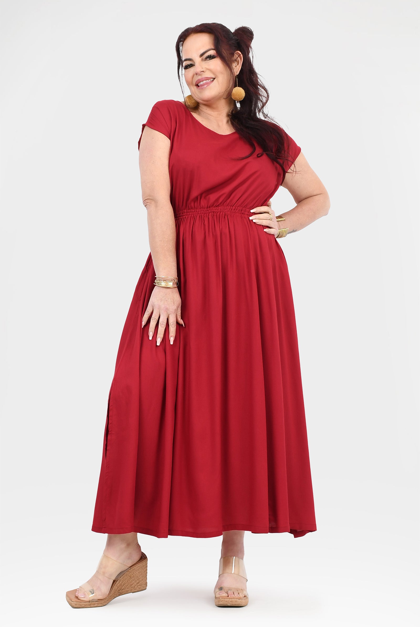 Dark red long dress with short sleeves, gathered waist and midi-length A-line skirt