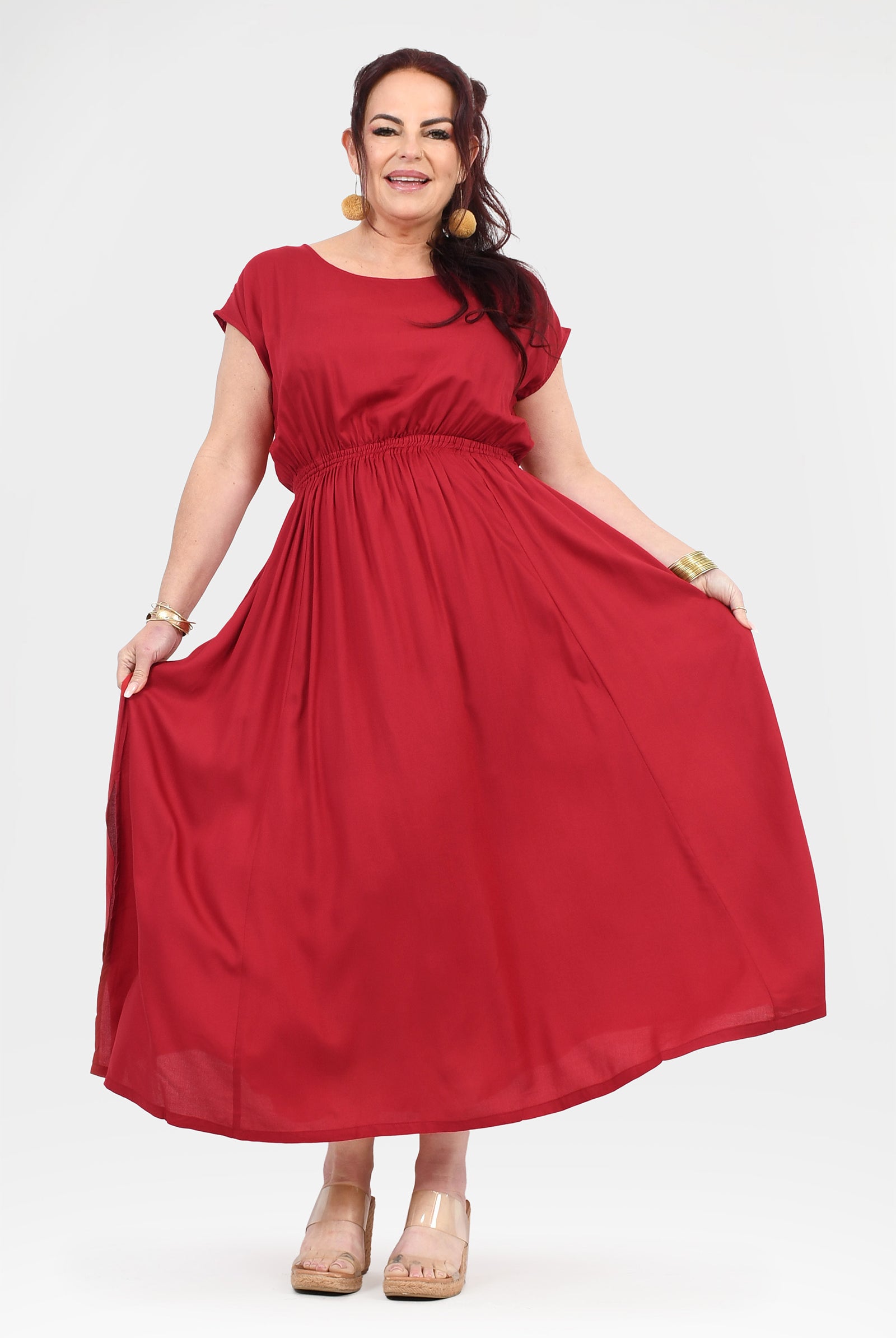 Dark red long dress with short sleeves, gathered waist and full skirt