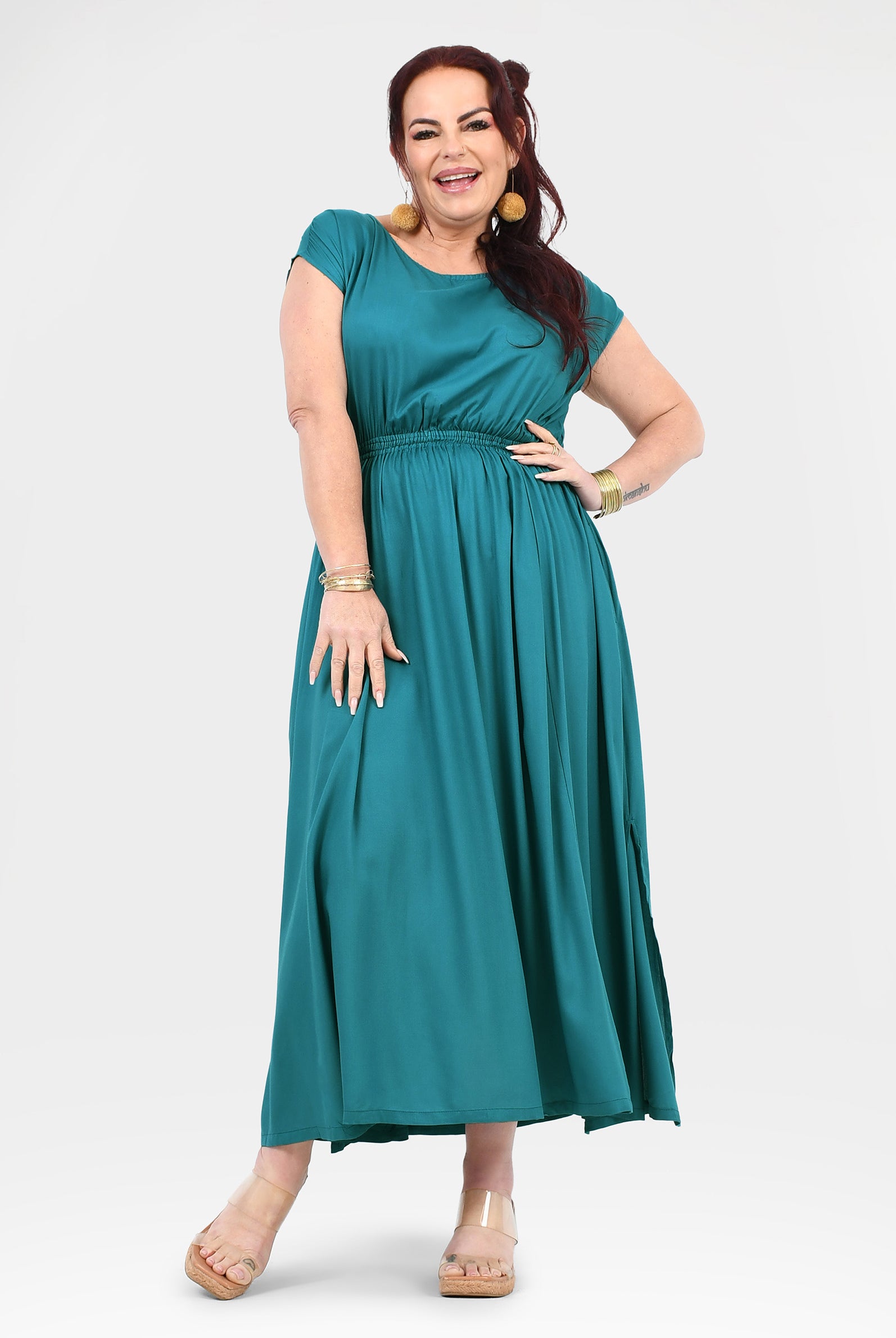 Teal long dress with short sleeves and elasticated gathered waist, flowy skirt