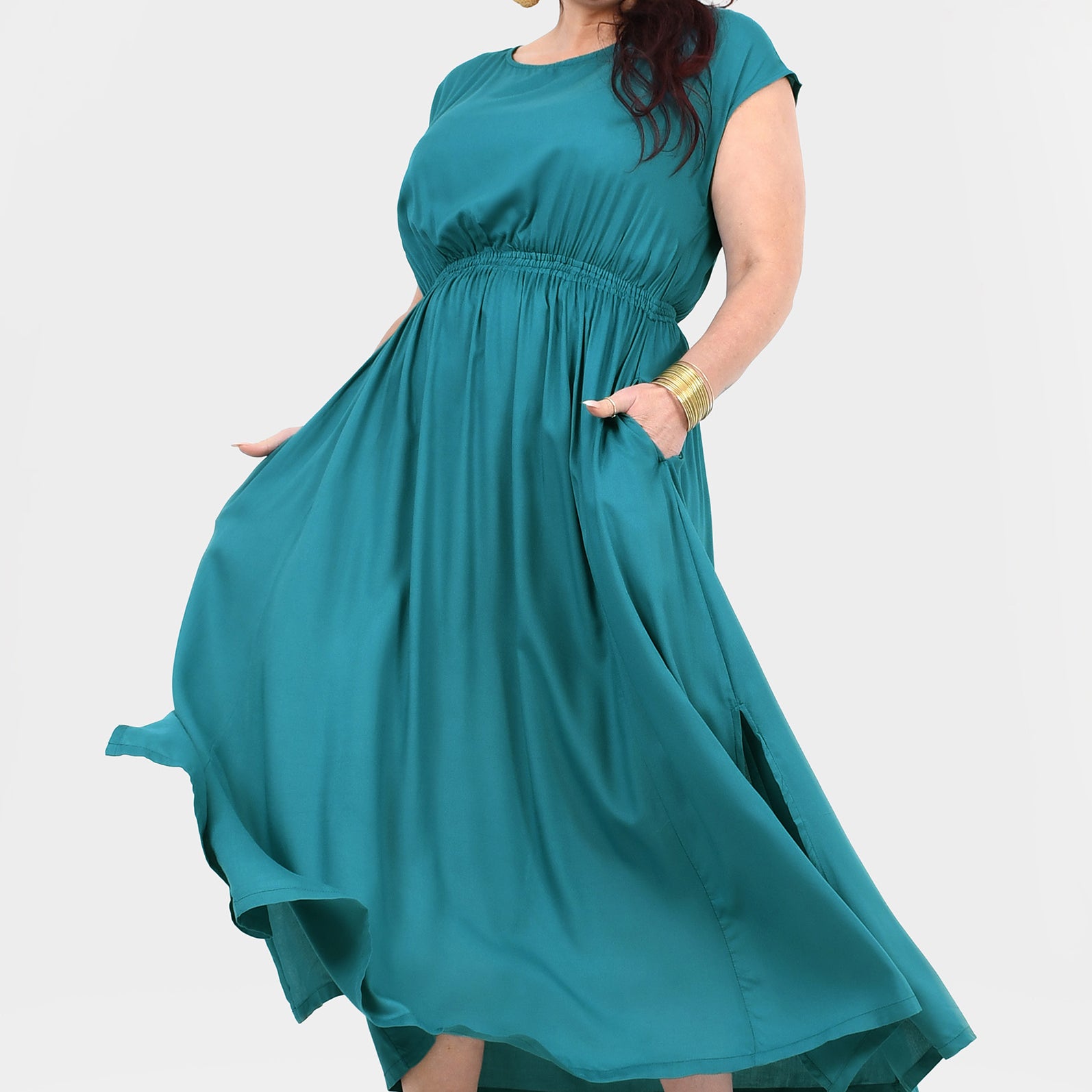 Teal long dress with gathered waist and swing skirt, short cap sleeves