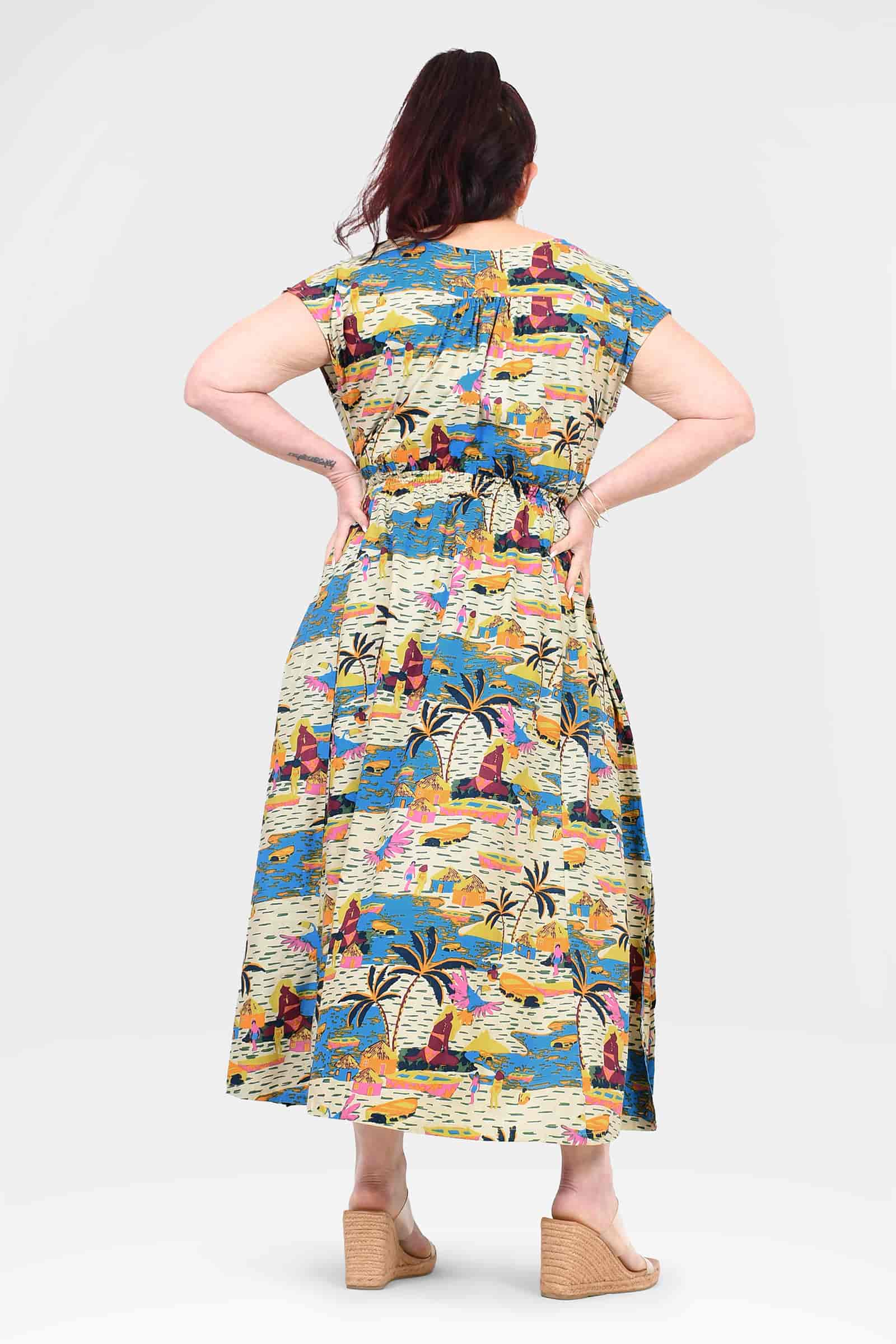 Colorful long dress back view with short sleeves and city-and-jungle print