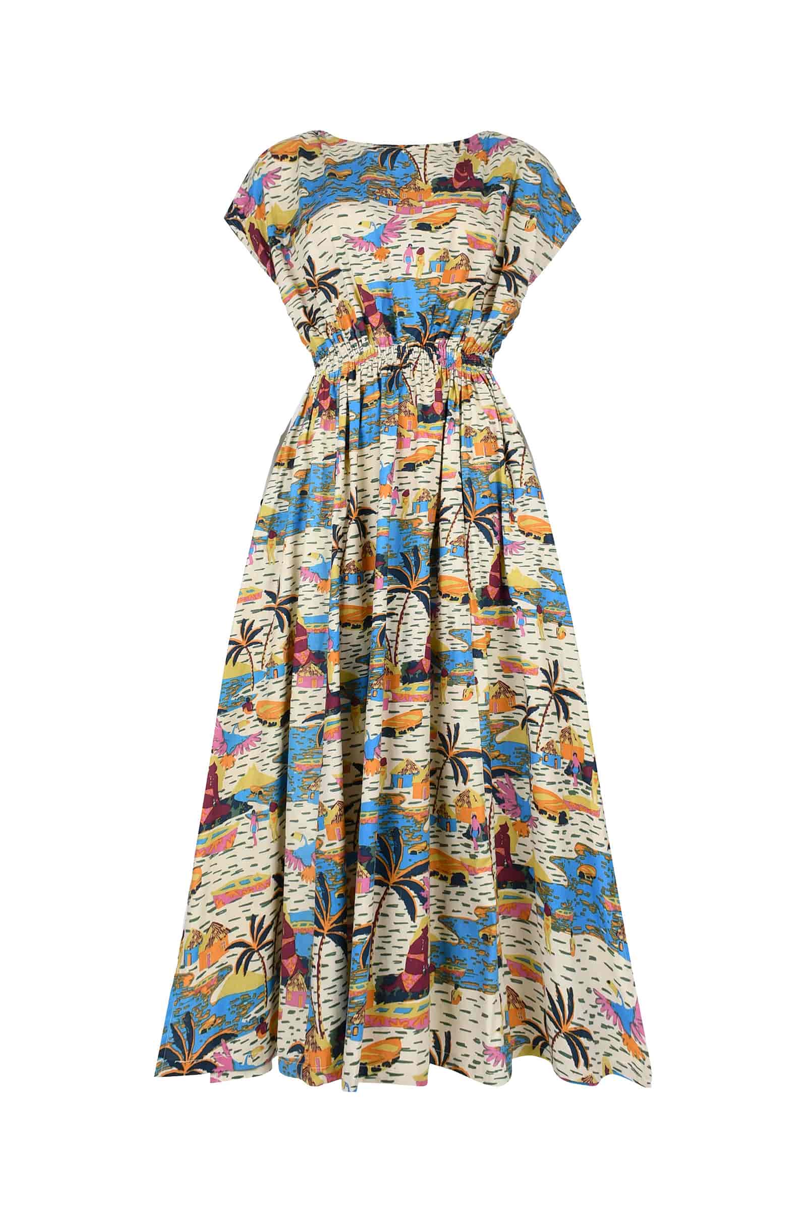 Colorful long dress with gathered waist, short-sleeve silhouette, city-and-jungle print