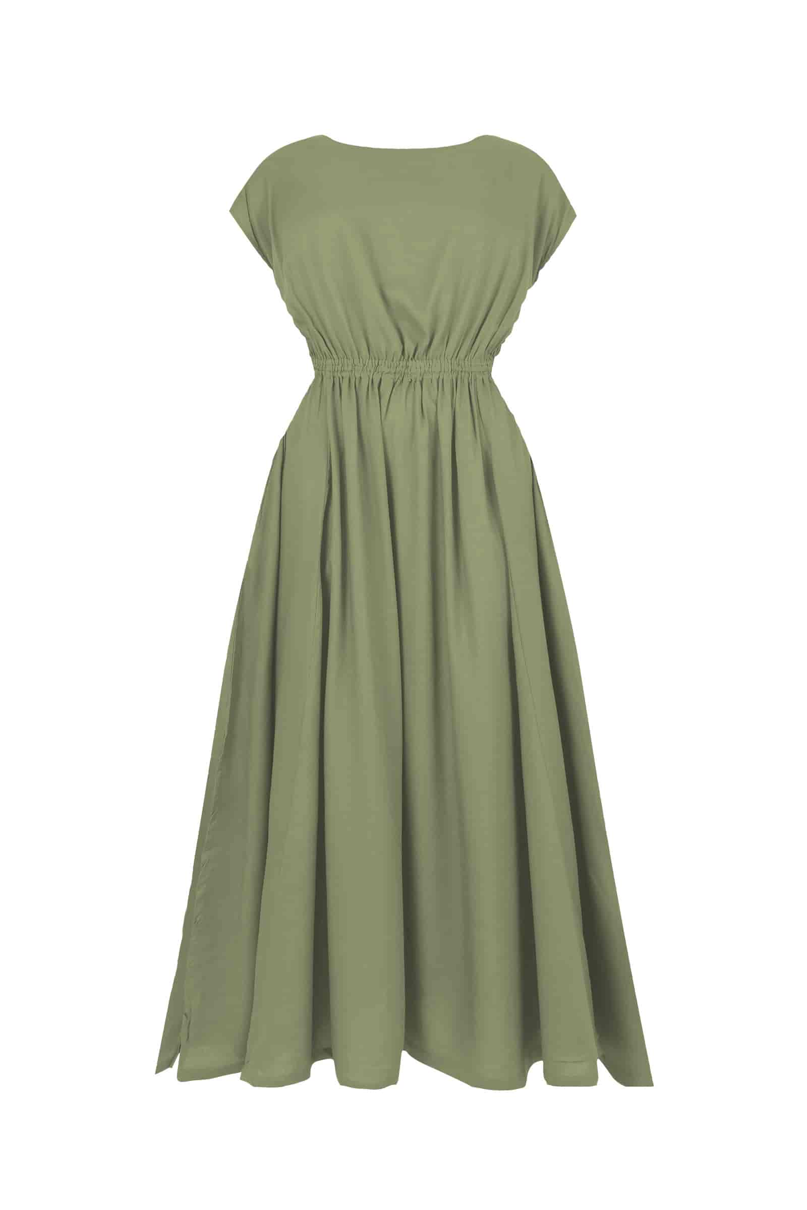 Pistachio green long dress with gathered waist and short sleeves