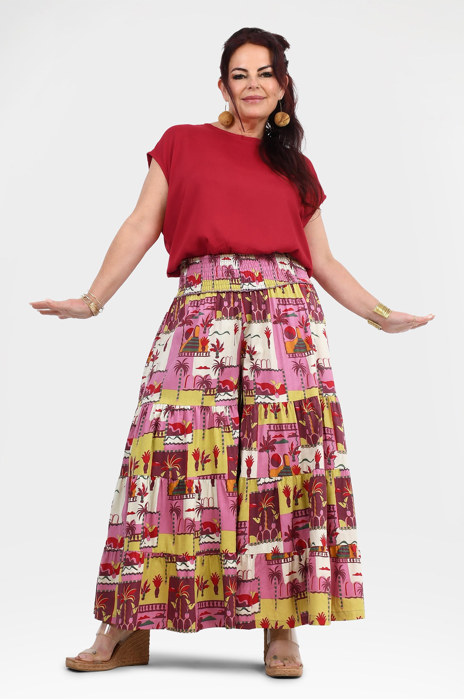 Havana pants in red and pink tiered midi skirt with yellow-lined animal print