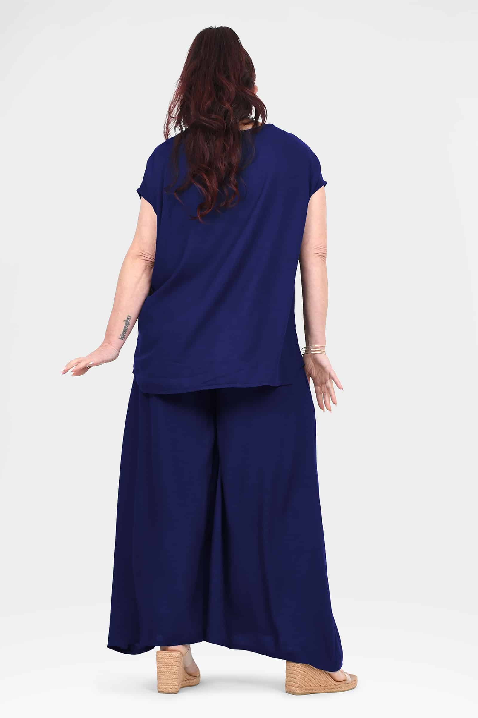 Dark navy wide-leg pants, back view, draped ankle-length trousers