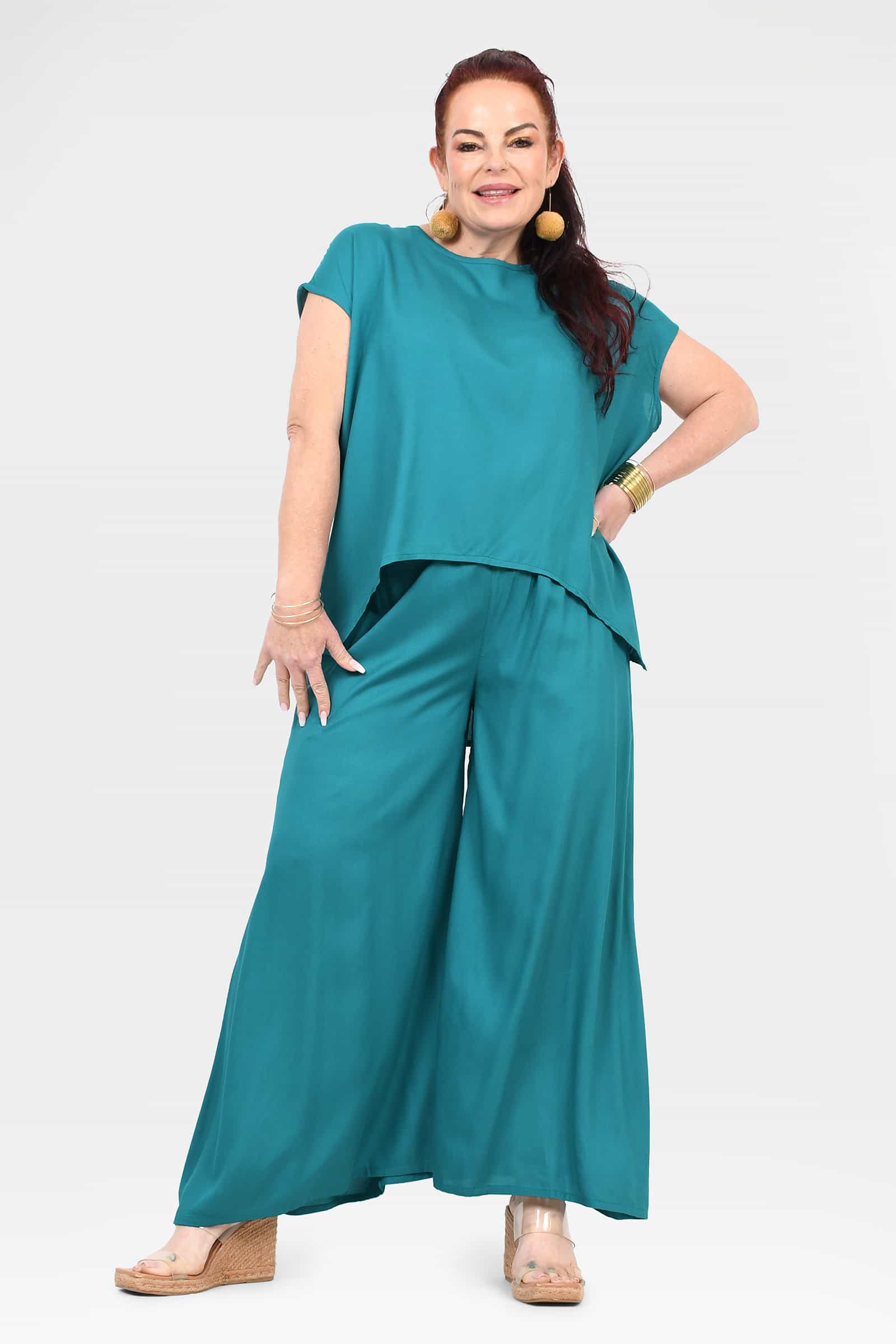Eloise pants in teal, loose wide-leg drape with elastic waist, ankle length