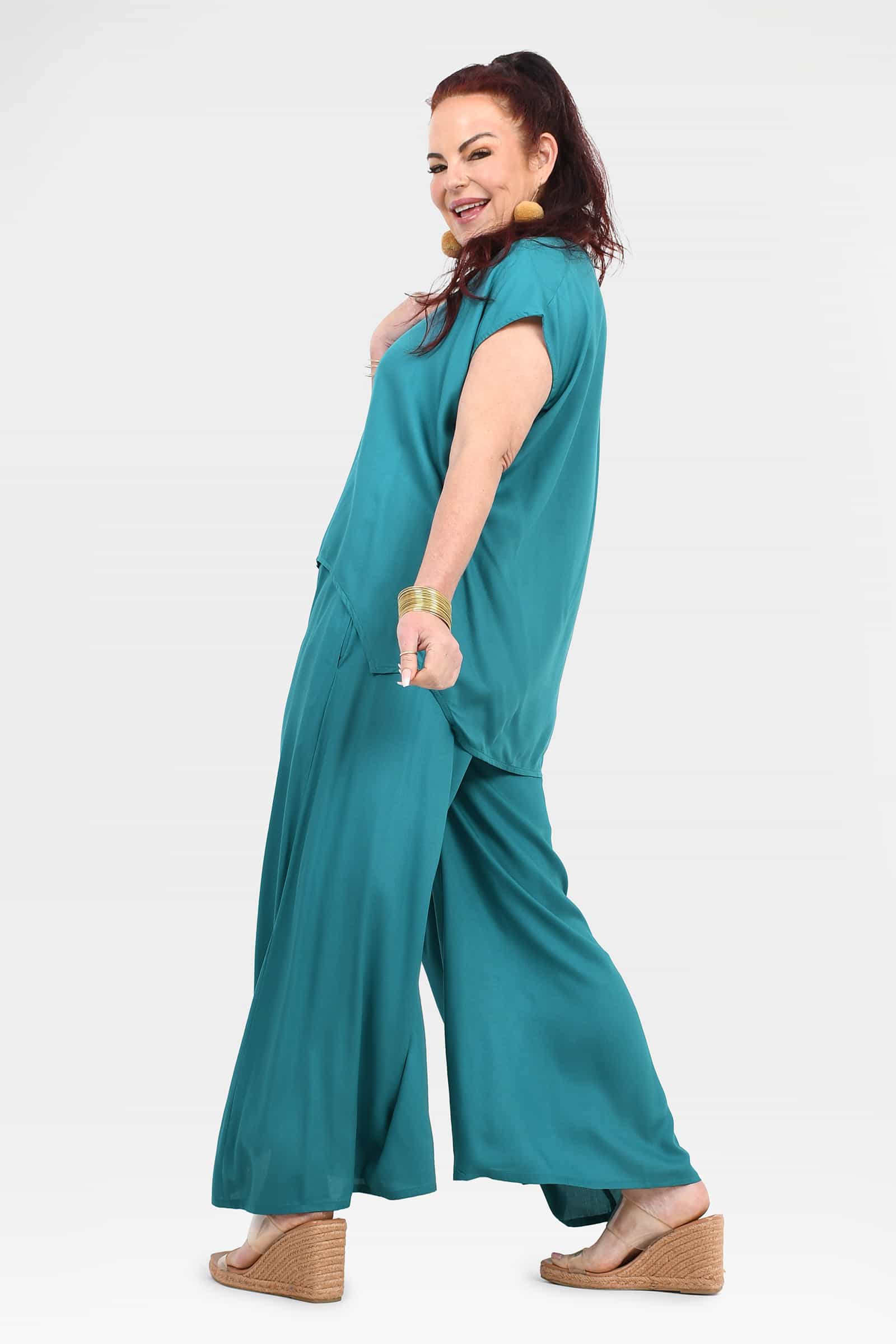 Eloise pants in teal, relaxed wide-leg silhouette, ankle-length