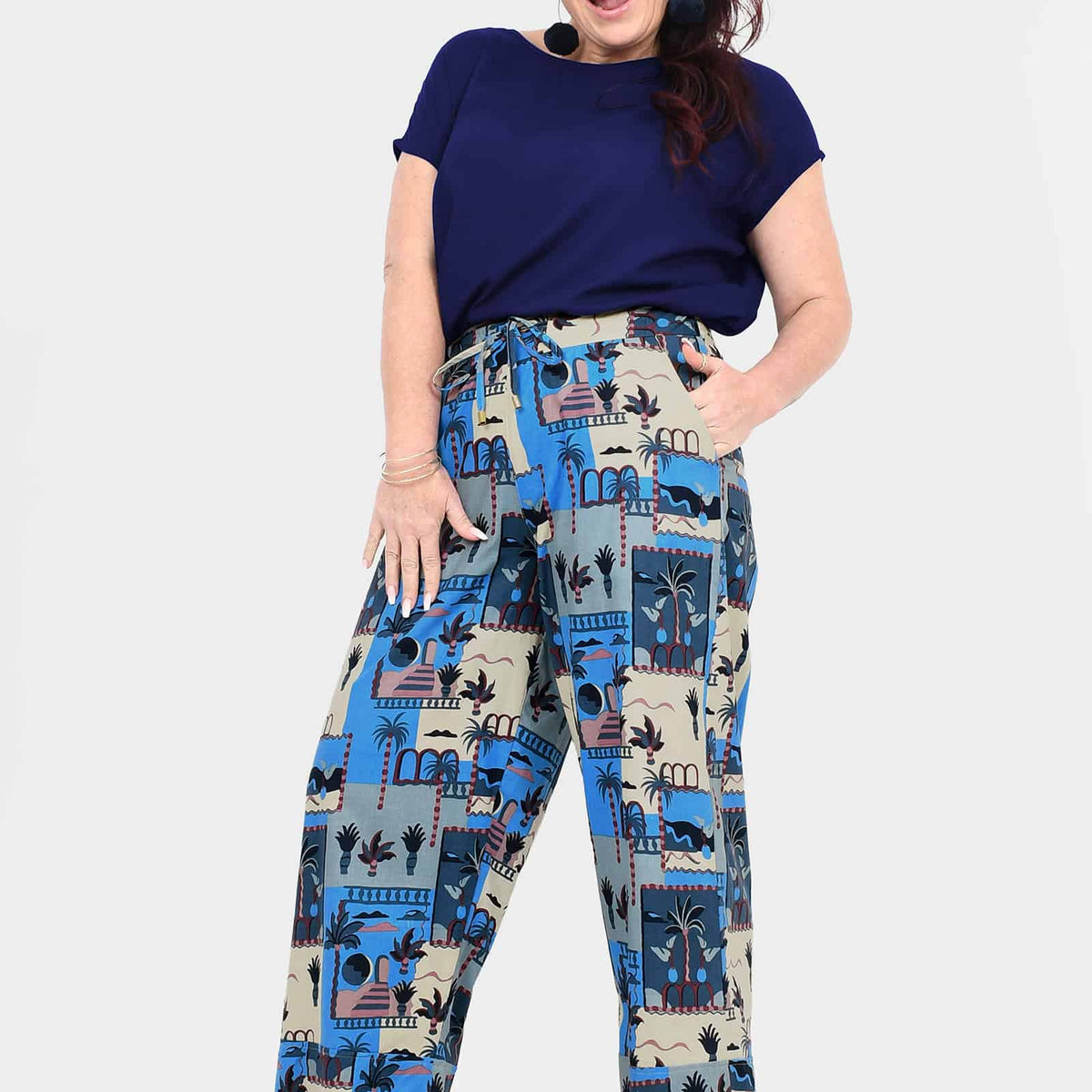 Tully pants with wide-leg elastic waist and colorful blue/cream landmark print