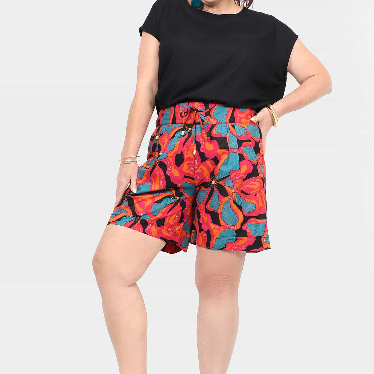 Tully shorts with colorful abstract print, drawstring elastic waist, front view