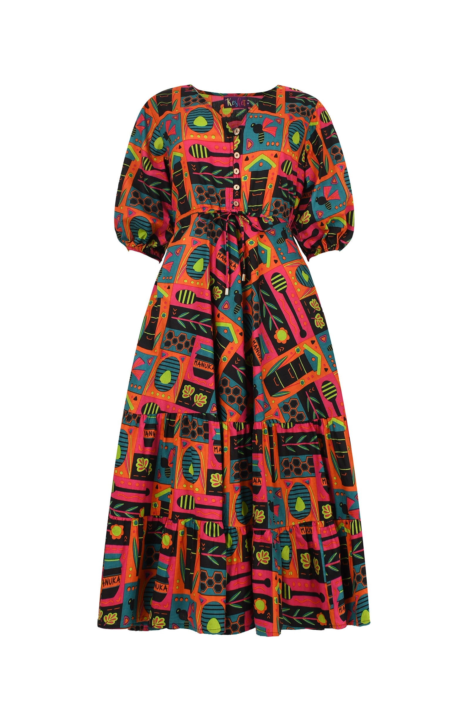 Printed midi dress with puff sleeves, button front, gathered waist, colorful abstract pattern