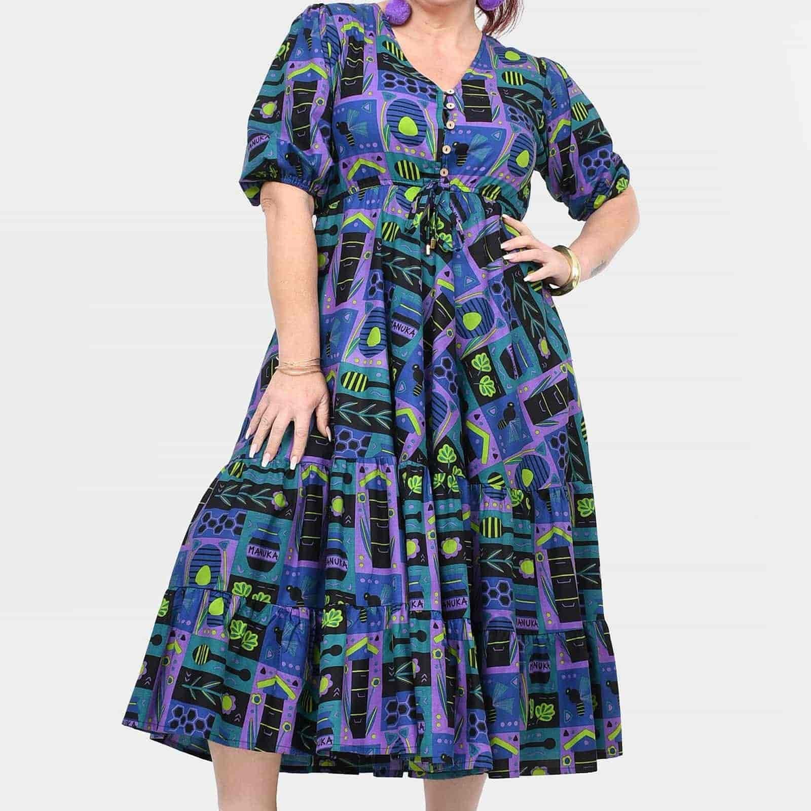 Ava midi dress on model, front view with V-neck and puff sleeves in teal-purple print