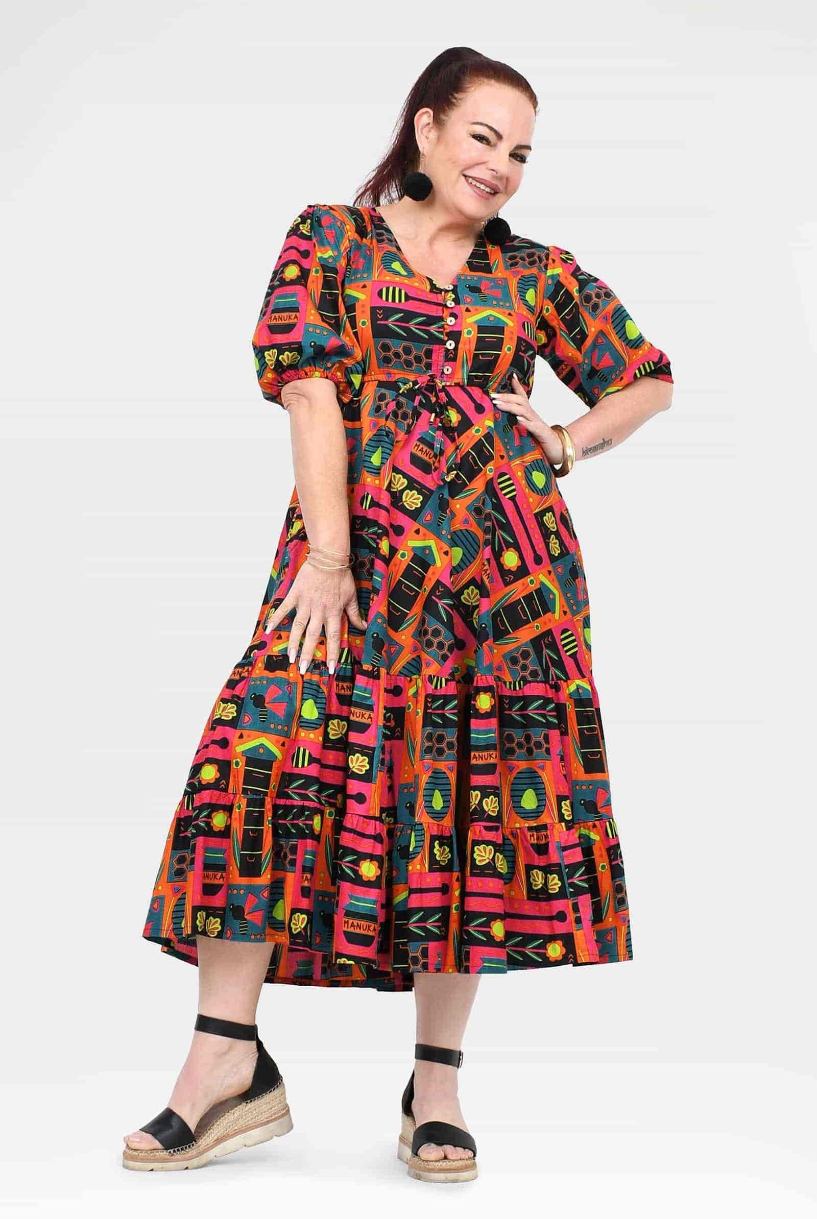 Women's A-line midi dress, short sleeves, V-neck, multicolor graphic print