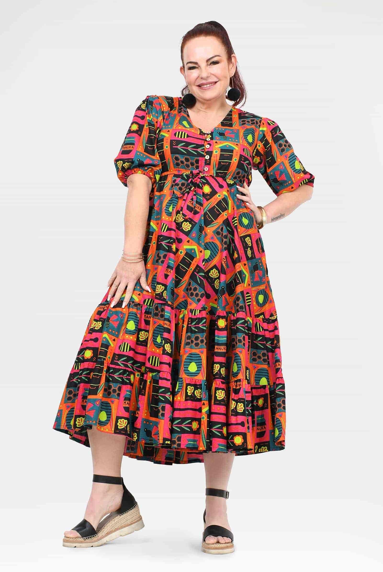 Women's V-neck midi dress, short sleeves, flared tiered skirt, multicolor print