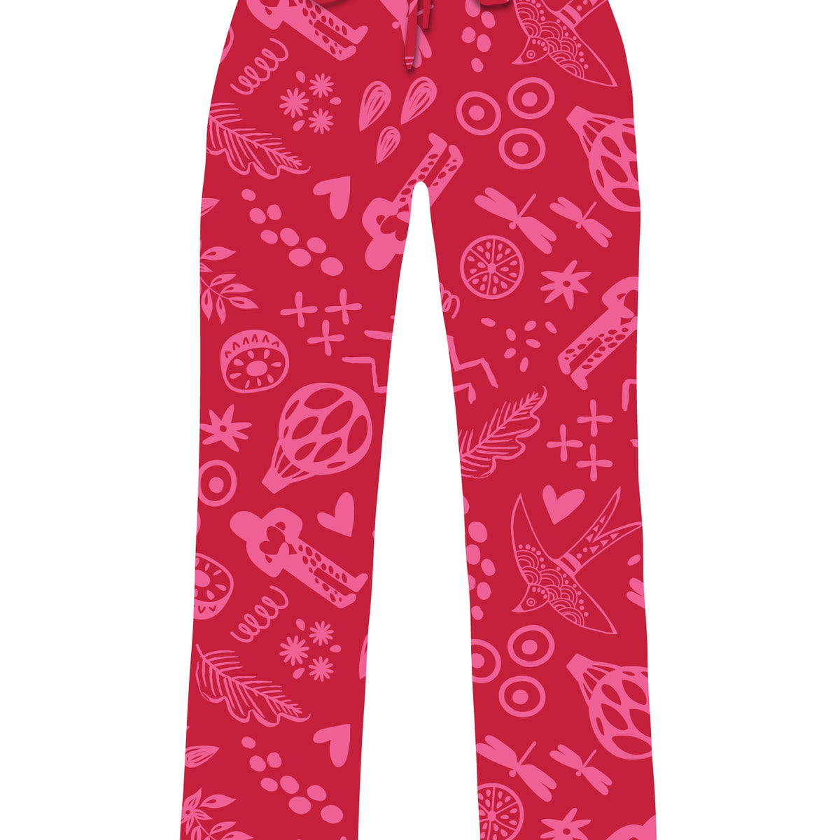 Parade red scrubs pants with playful pattern, straight-leg fit.
