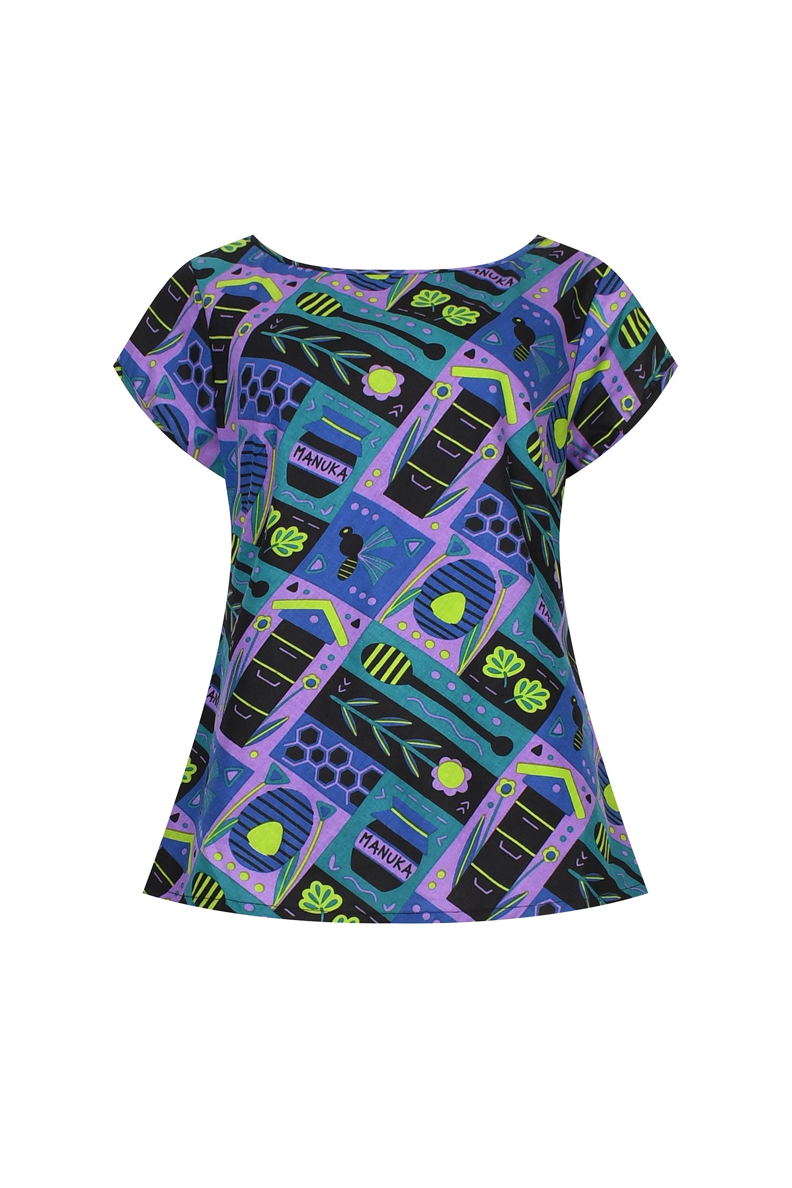 Purple and teal printed short-sleeve dress with bold geometric pattern, round neckline