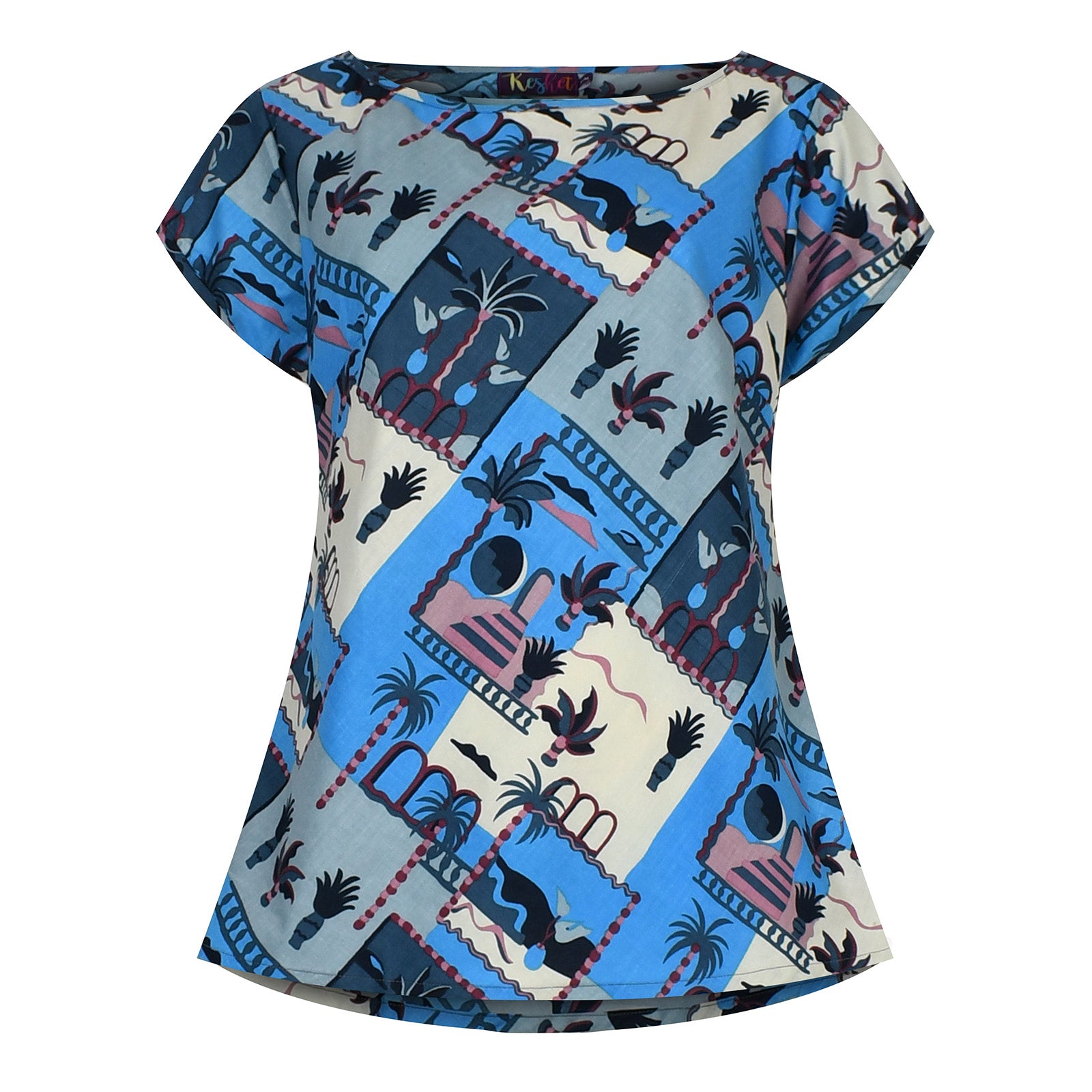 Blue and cream printed short-sleeve dress with palm and animal motif, round neckline