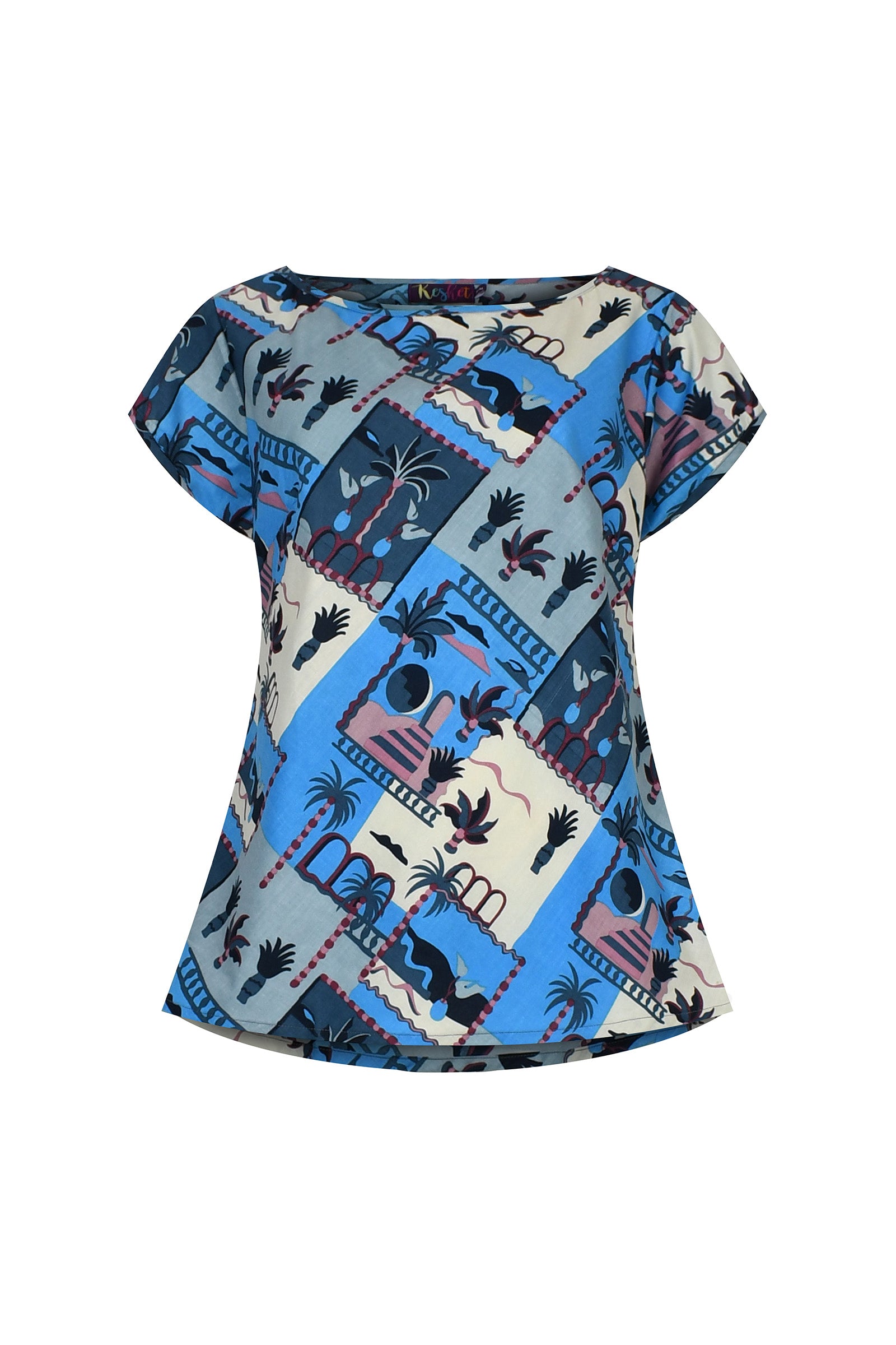 Blue and cream printed short-sleeve dress with palm and animal motif, round neckline