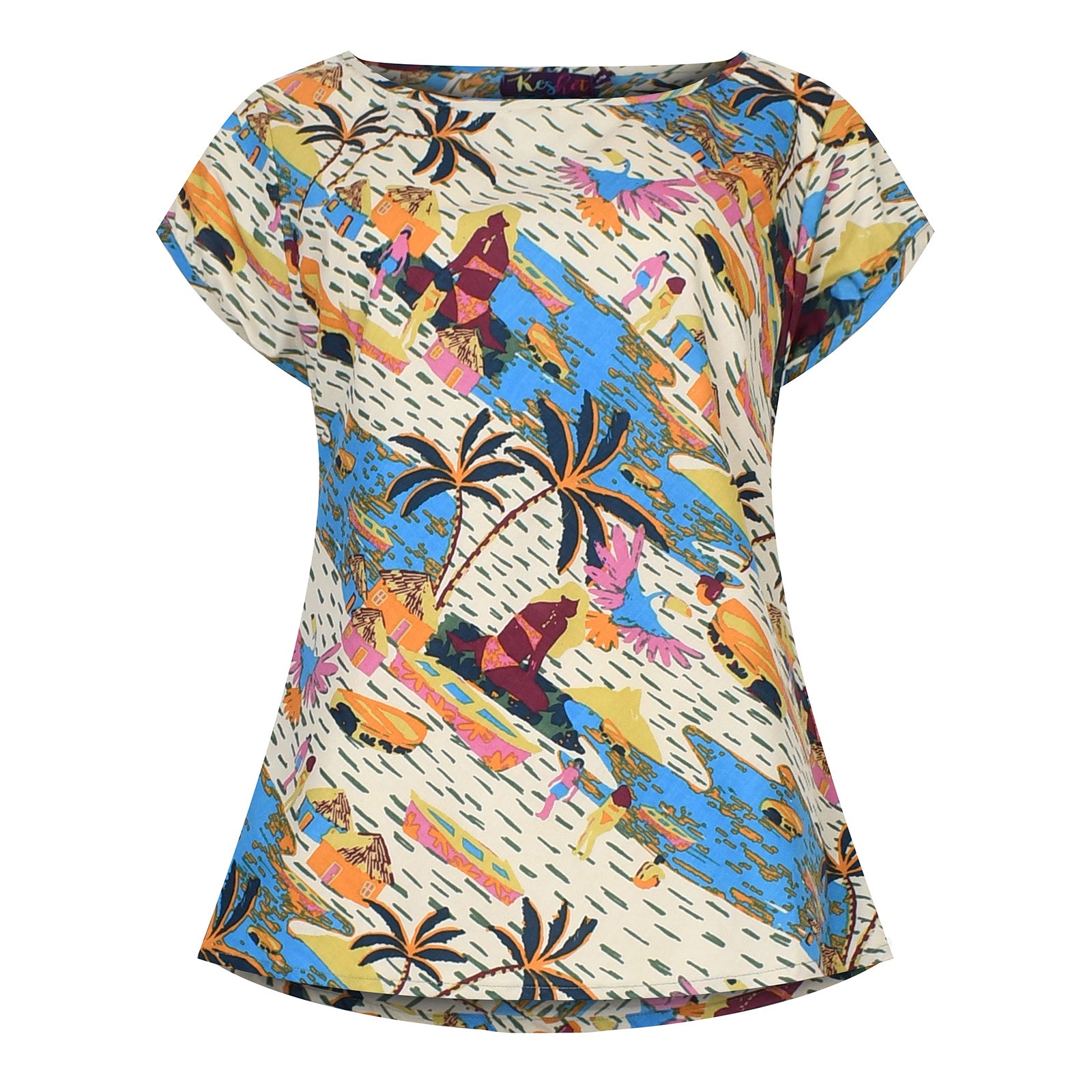 Cream and blue printed short-sleeve dress with colorful abstract jungle pattern