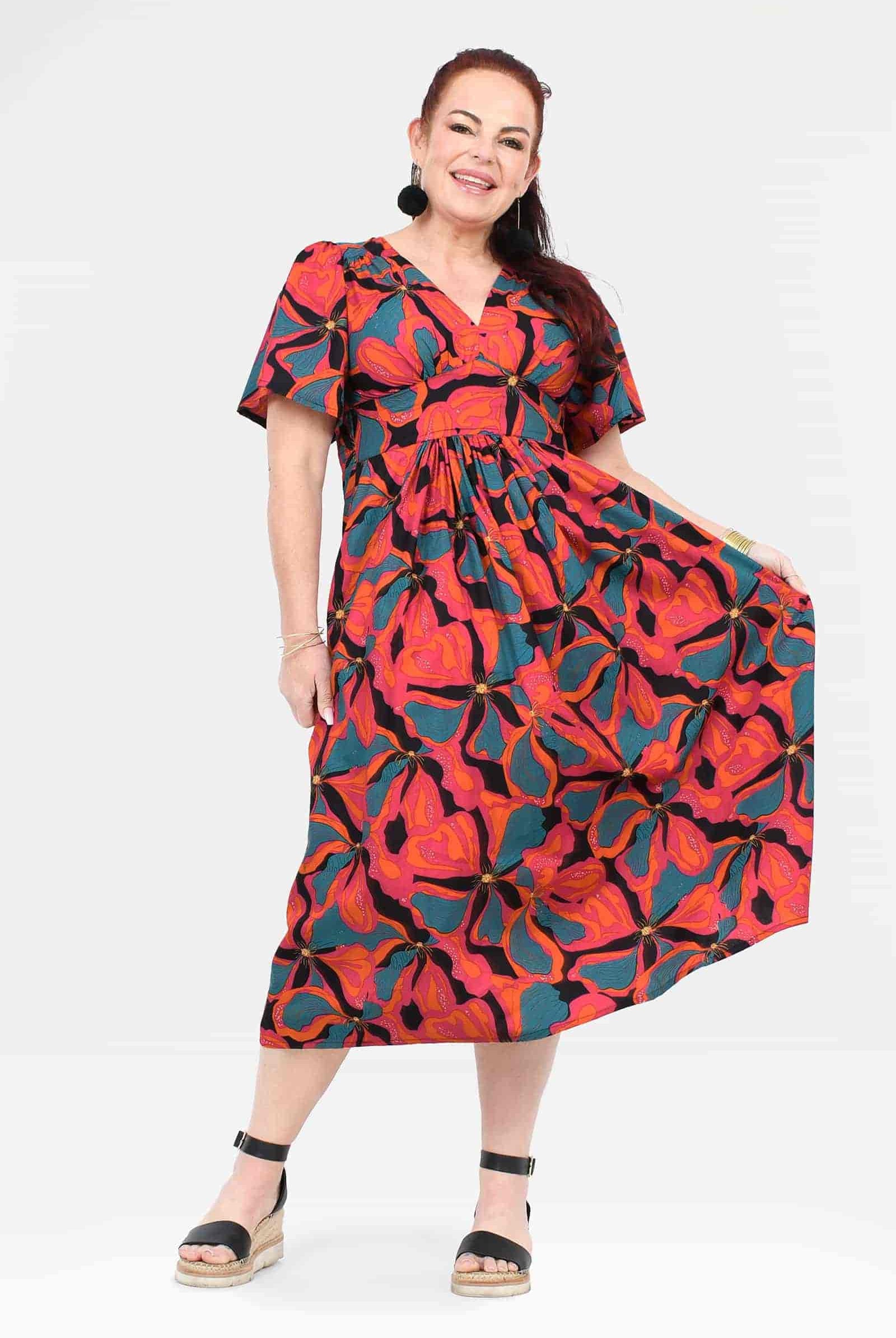 Midi dress in bright abstract floral print with V-neck and gathered waist detail