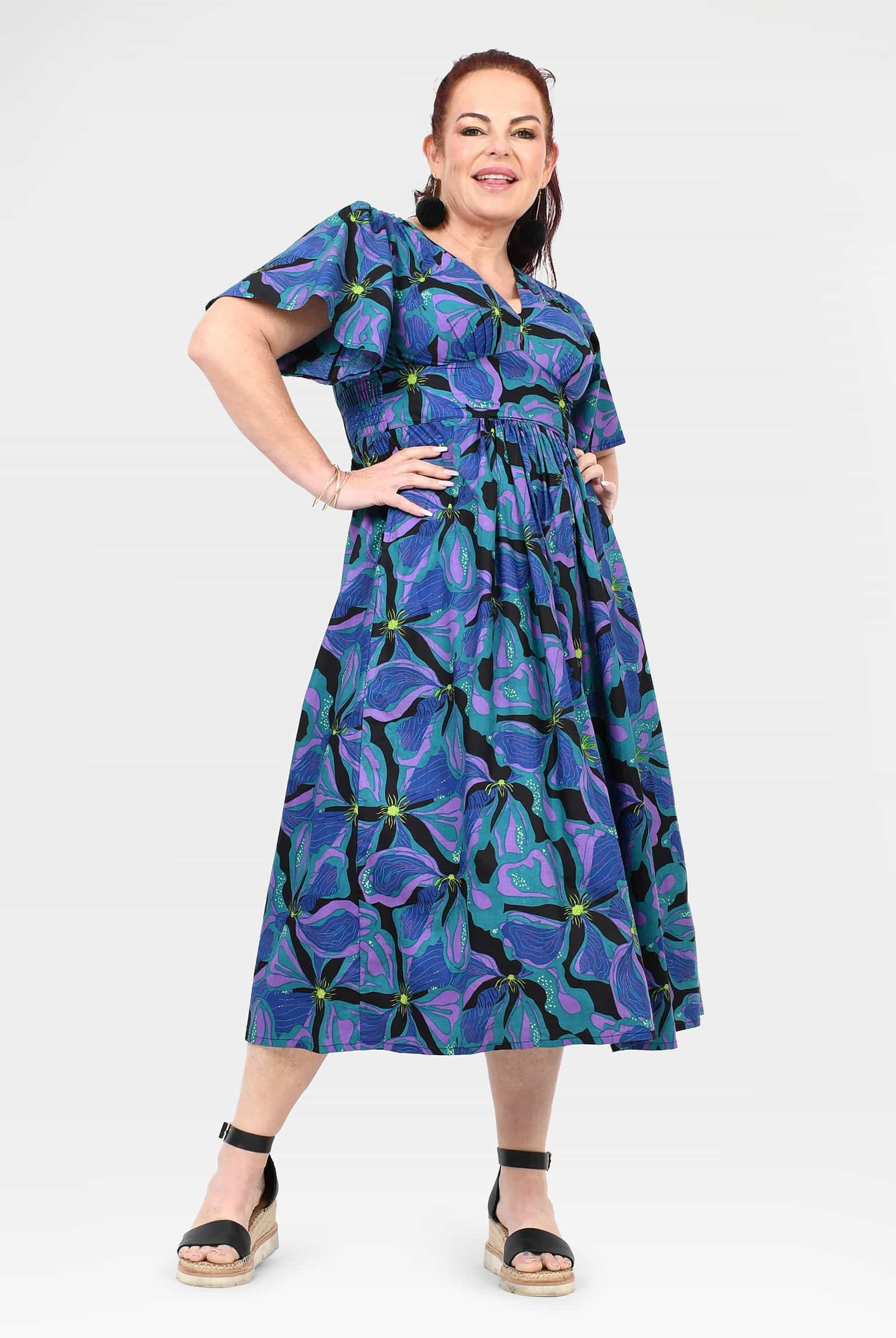 Teal and purple abstract-print midi dress, short sleeves, tiered gathered skirt