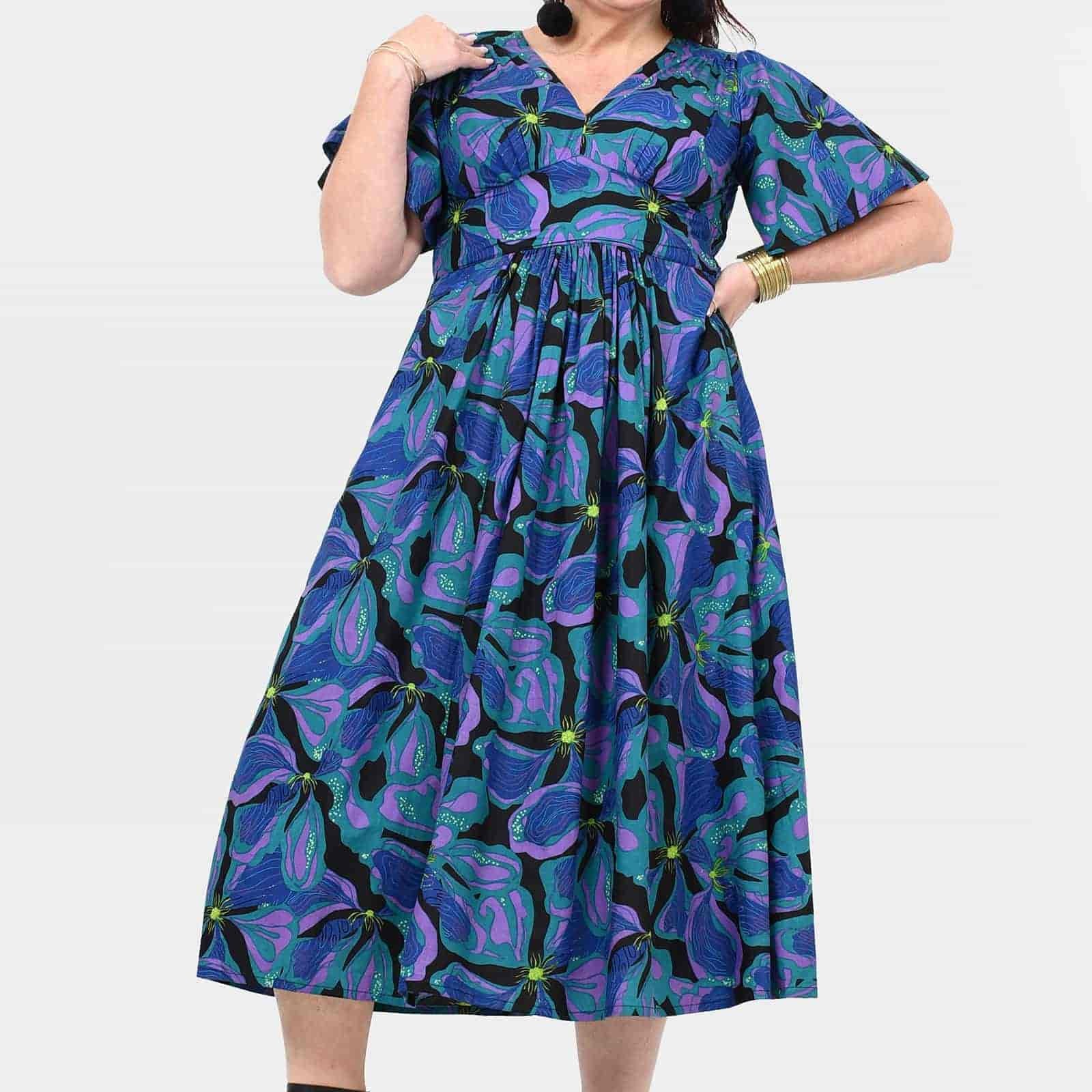 Teal and purple abstract-print midi dress, V-neck, short sleeves, gathered waist
