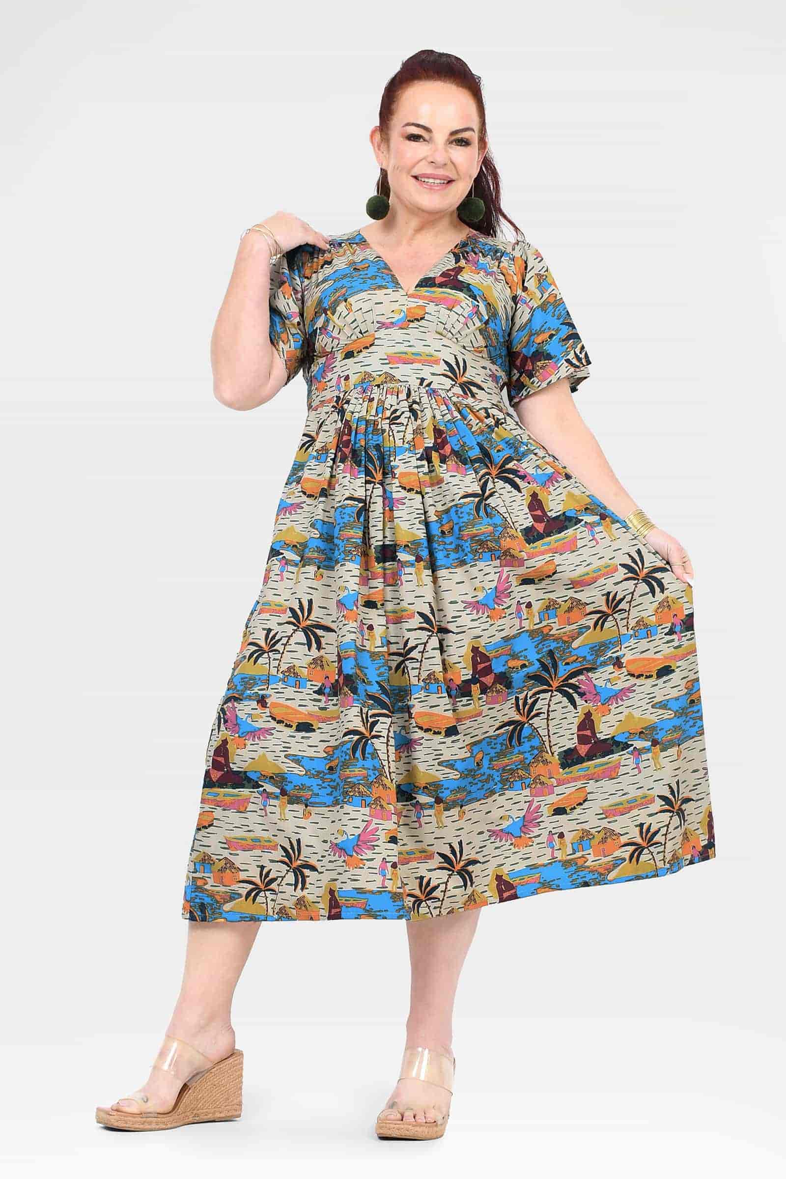 Colorful printed midi dress with V-neck, short flutter sleeves, gathered waist