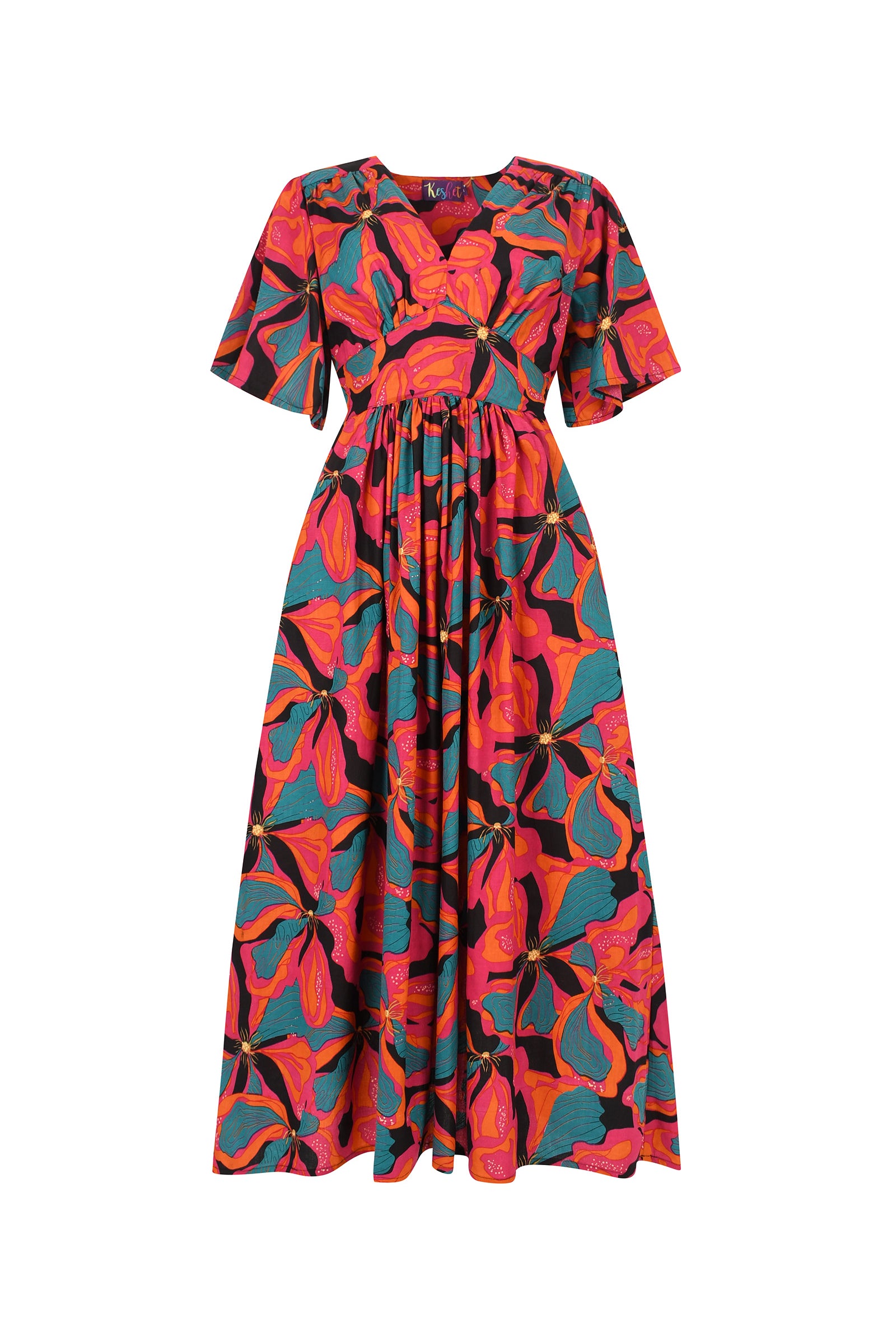 Printed midi dress with V-neck, short sleeves, gathered waist; coral and teal floral print