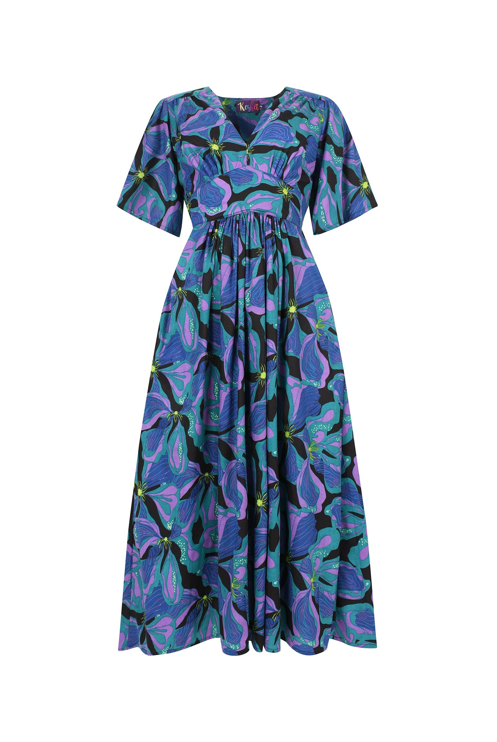 Printed midi dress with V-neck, short sleeves, gathered waist; purple and teal leaf print