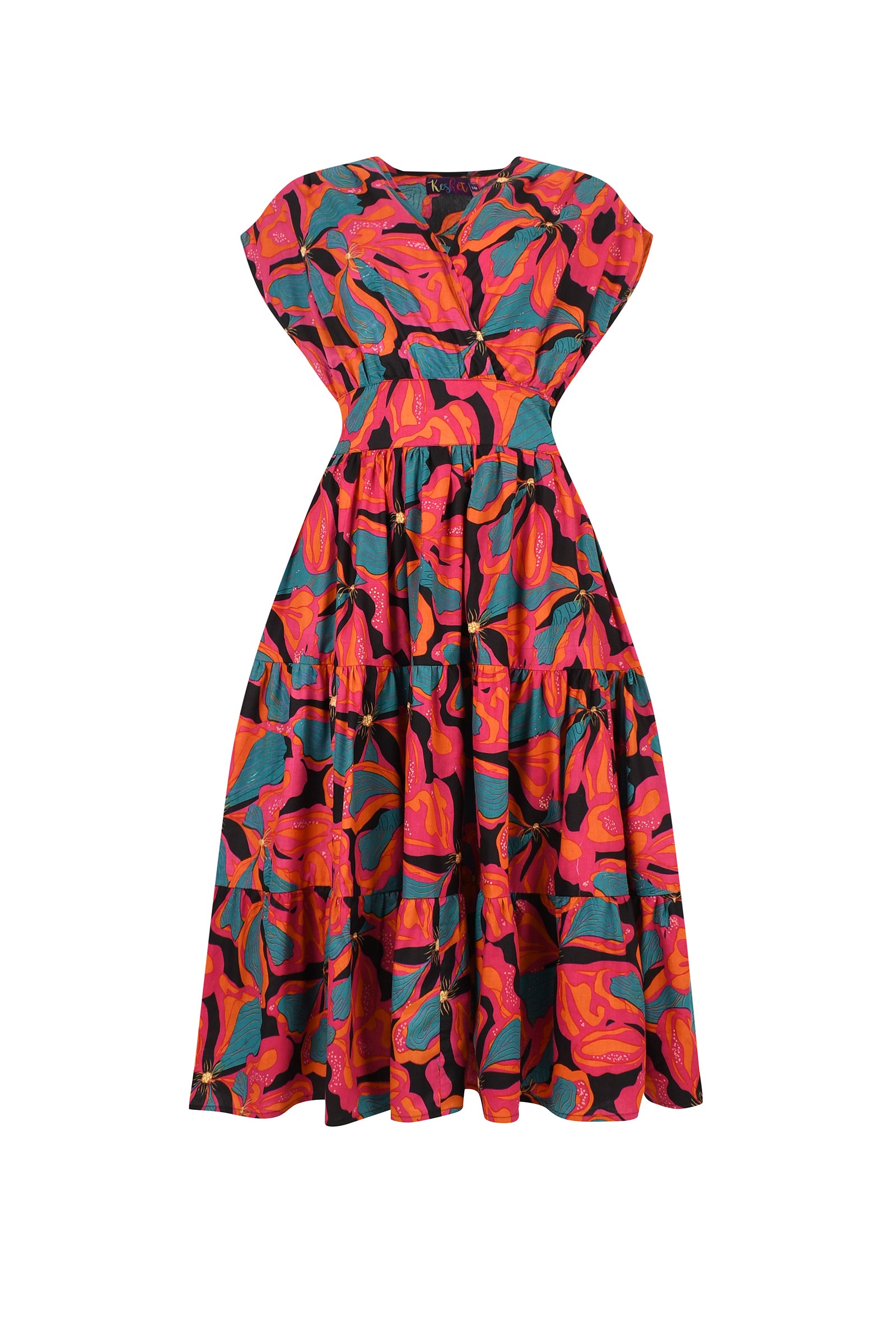 Pink and teal printed midi dress with short sleeves and gathered waist