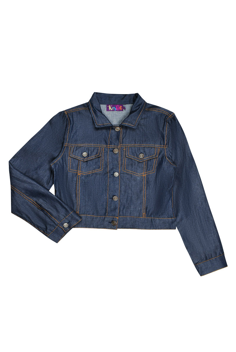 Blue denim jacket with contrast stitching, button front, and chest flap pockets.