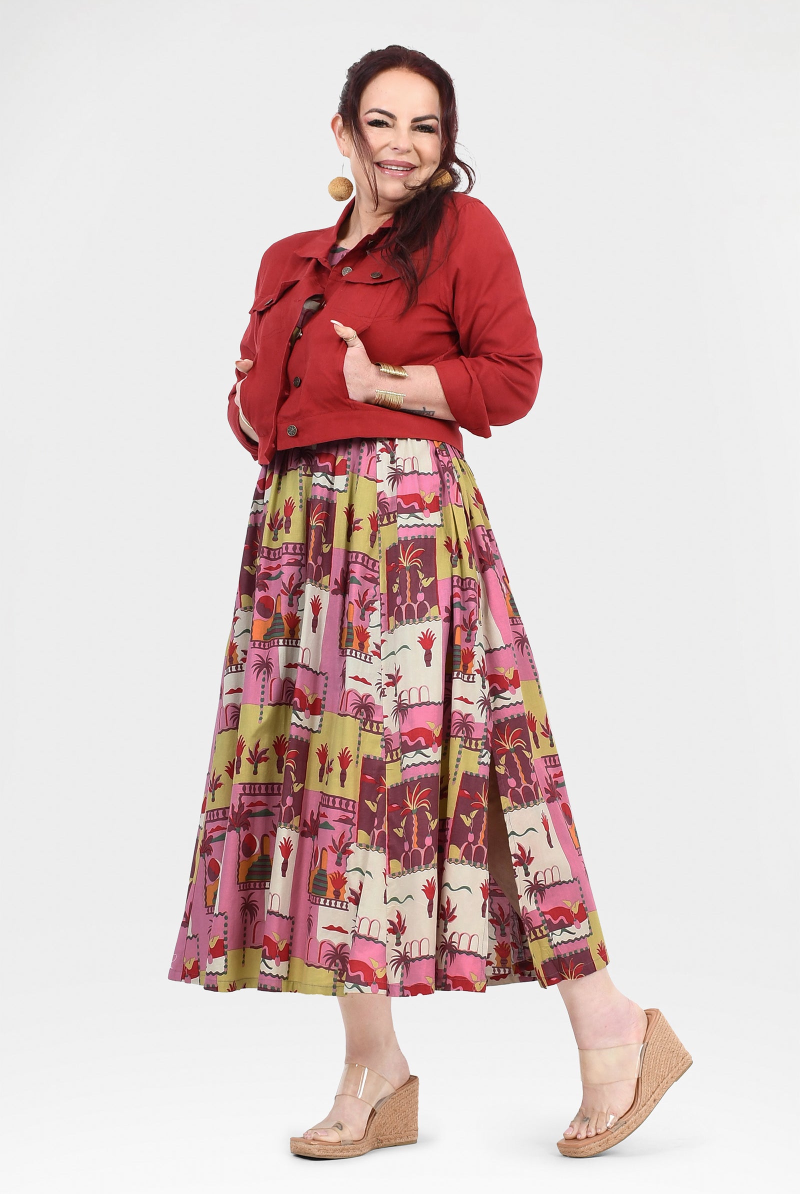 Pink long dress with colorful animal and cactus print, full length skirt with pleats